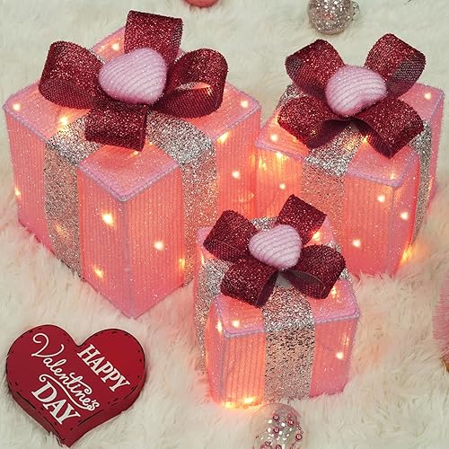 Juego de 3 cajas de regalo iluminadas, 60 cajas de regalo rosas con luz LED enchufables para decoración de Navidad, interiores, hogar, boda,