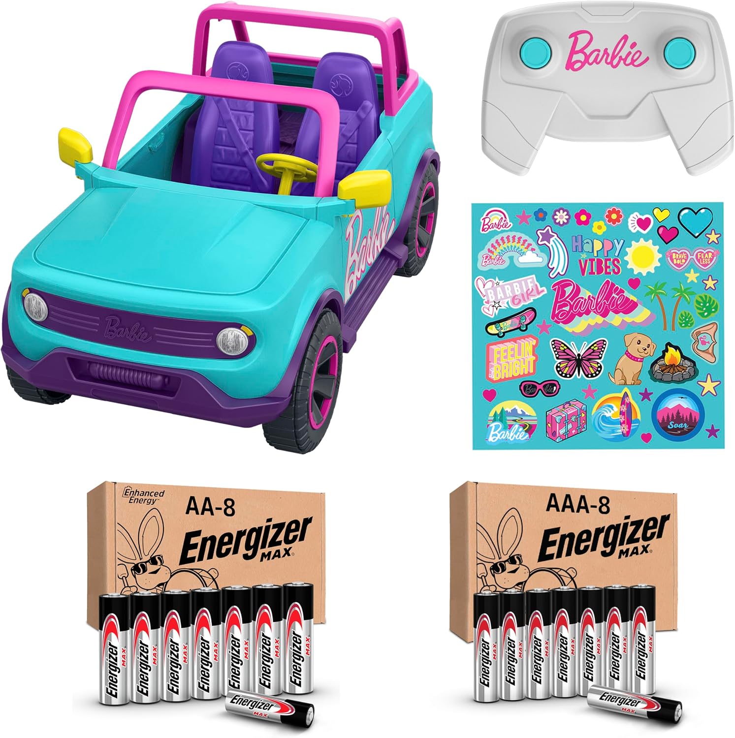 Barbie Hot Wheels RC SUV Plus Energizer AA and AAA Alkaline Batteries, Remote-Control Pink Vehicle That Fits 2 Fashion Dolls & Accessories, Includes Kid-Applied Stickers for Customization