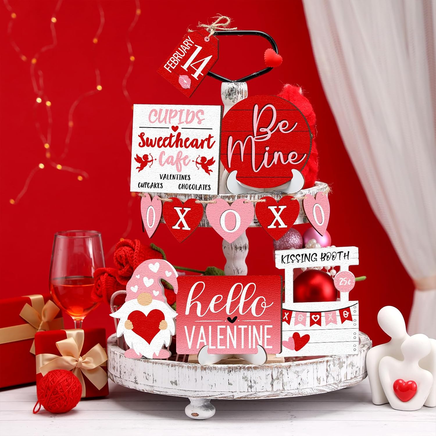 Jetec 12 Pcs Valentine's Day Tiered Tray Decor Set Heart Wood Sign XOXO Gnome Truck Rustic Farmhouse Tray Signs Table Decor for Romantic Valentine's Day Kitchen Home(Gnome with Love)