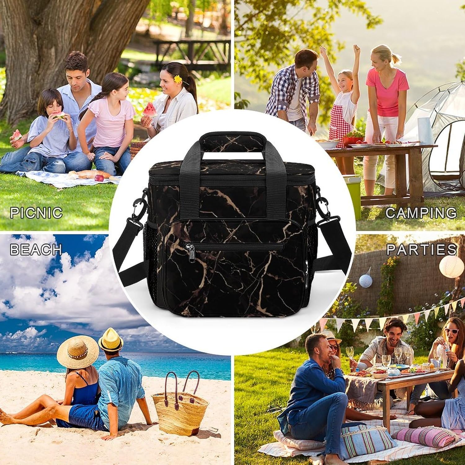 Black Gold Marble Cooler Bag Portable Insulated Lunch Bags Leakproof Ice Chest Large Capacity Soft Cooler Tote for Picnic Camping Work Travel Keep Food Drinks Fresh 22.5L