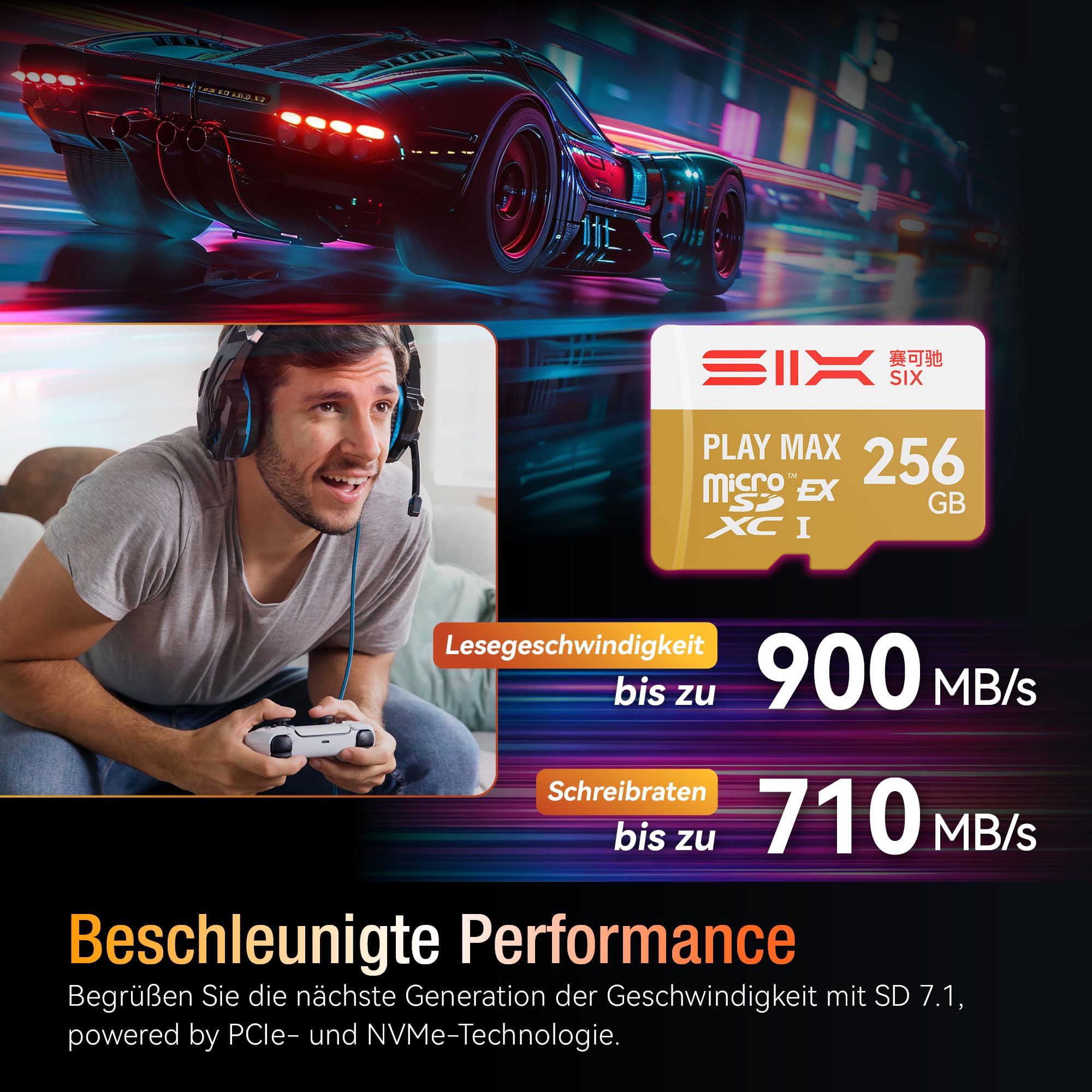 SIX 512 GB MicroSD Express Card – Bis zu 900 MB/s Lesen, 710 MB/s Schreiben – microSDXC Flash-Speicherkarte mit Adapter für Spielekonsolen, Nintendo Switch™ 2, tragbare Gaming-Geräte (U3, A2)