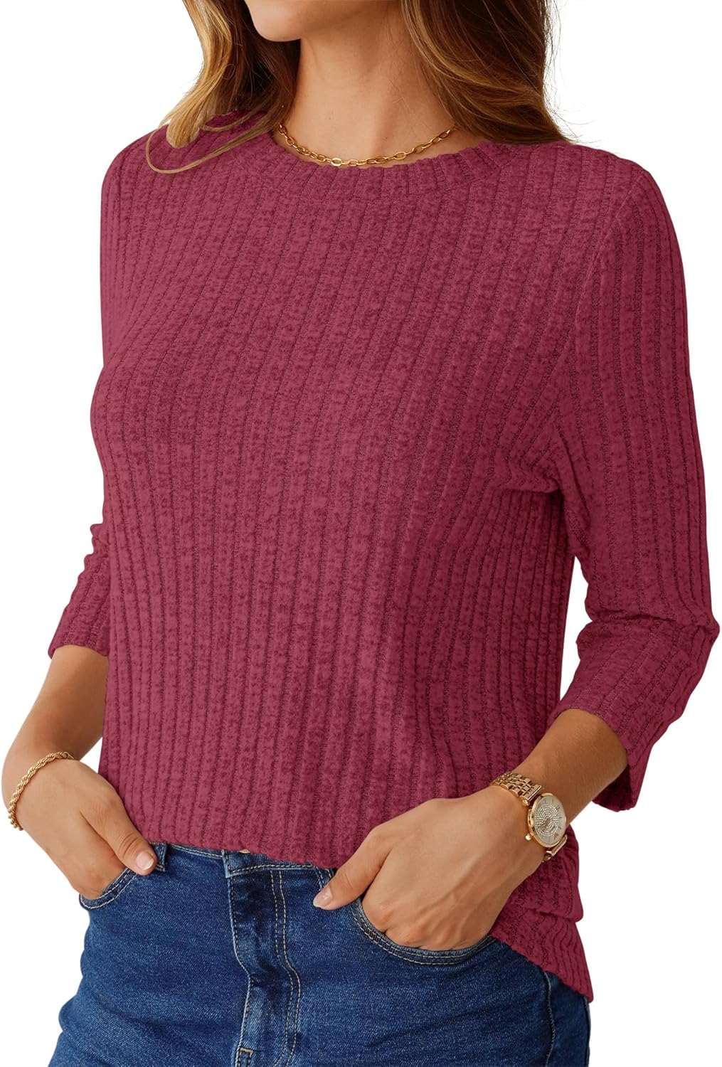 NORACORA Womens 3/4 Sleeve Sweater Tops Round Neck Tunic Blouses Dressy Pullover T Shirts for Business Casual Work - Image 2