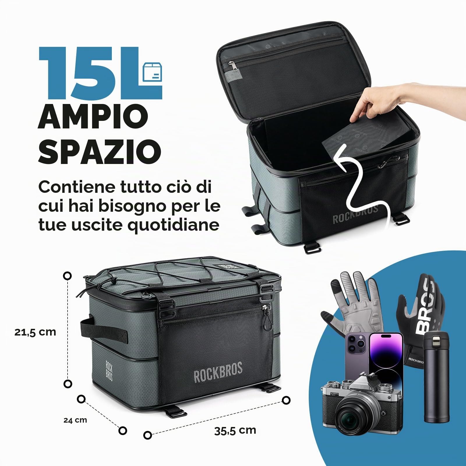 ROCKBROS Road to Sky Borsa Bici Posteriori Pieghevole, 15L Borsa Portapacchi Bici Posteriore Multifunzionale con 2 Borse Laterali per Ciclismo, Viaggiare, MTB, Gravel, Strada, Nero, Grigio