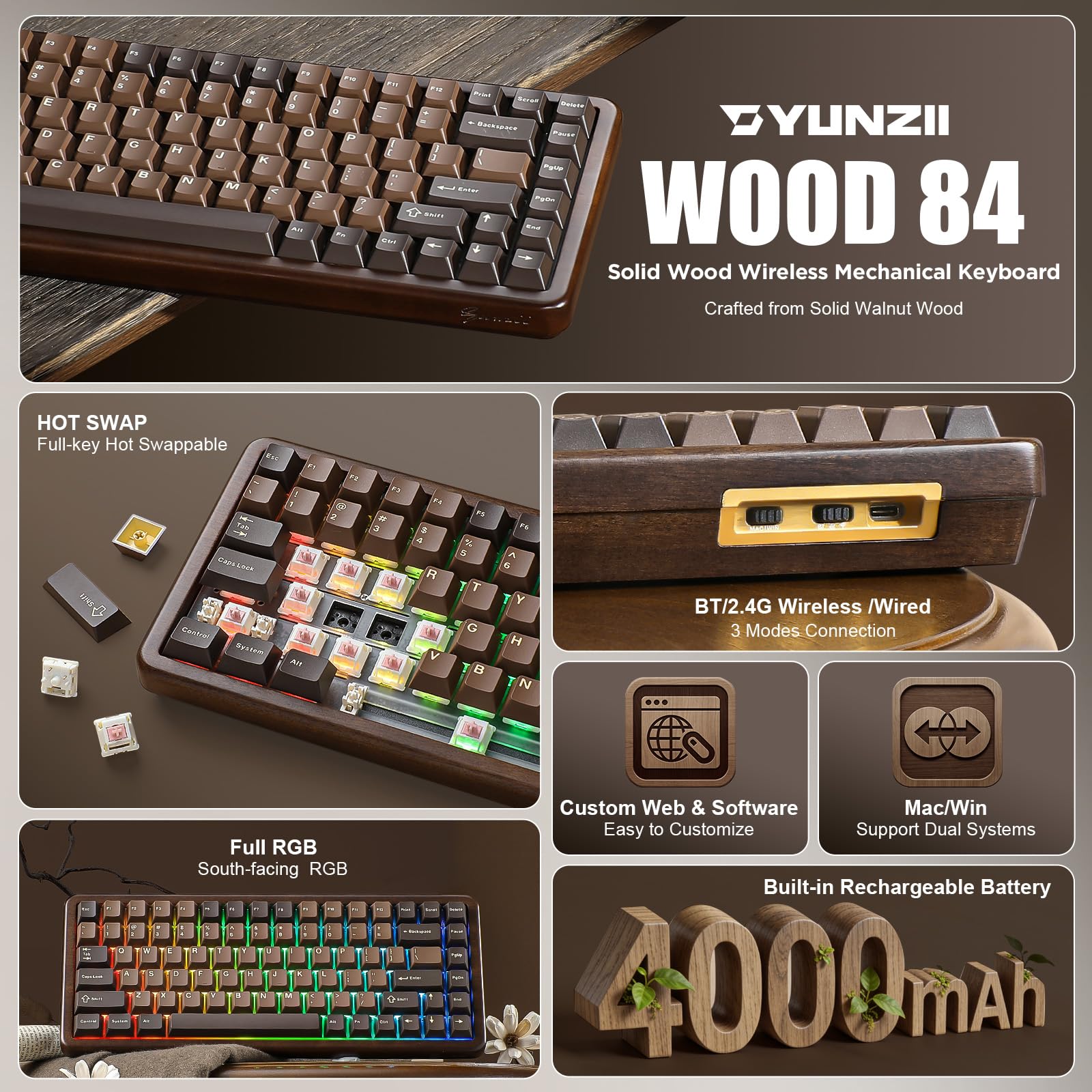 YUNZII WOOD84 Teclado Mecánico Gaming Inalámbrico 75% en Madera (Candy) | Bluetooth/2.4G/USB-C, Retroiluminación RGB, Montaje Tray, Hot-Swap con Teclas PBT Keyboard US ANSI para Mac/PC