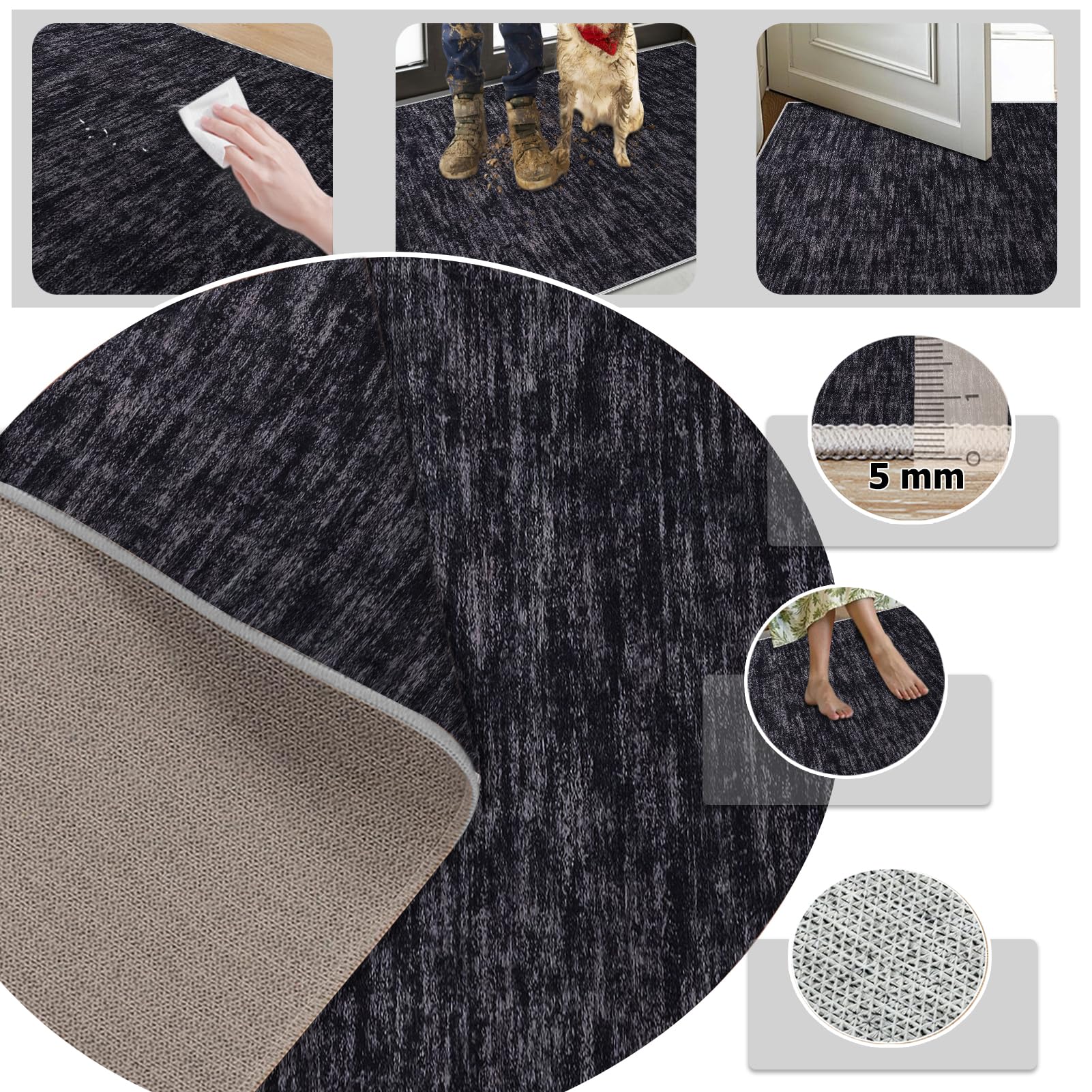 Waschbarer Wohnzimmerteppich, 200 x 260 cm Schwarz Teppiche für Schlafzimmer, Outdoor Teppich Wohnzimmer Balkon Küchenteppich, Kurzflor Schlafzimmer Carpet Living Room Bedroom Esszimmer Teppiche
