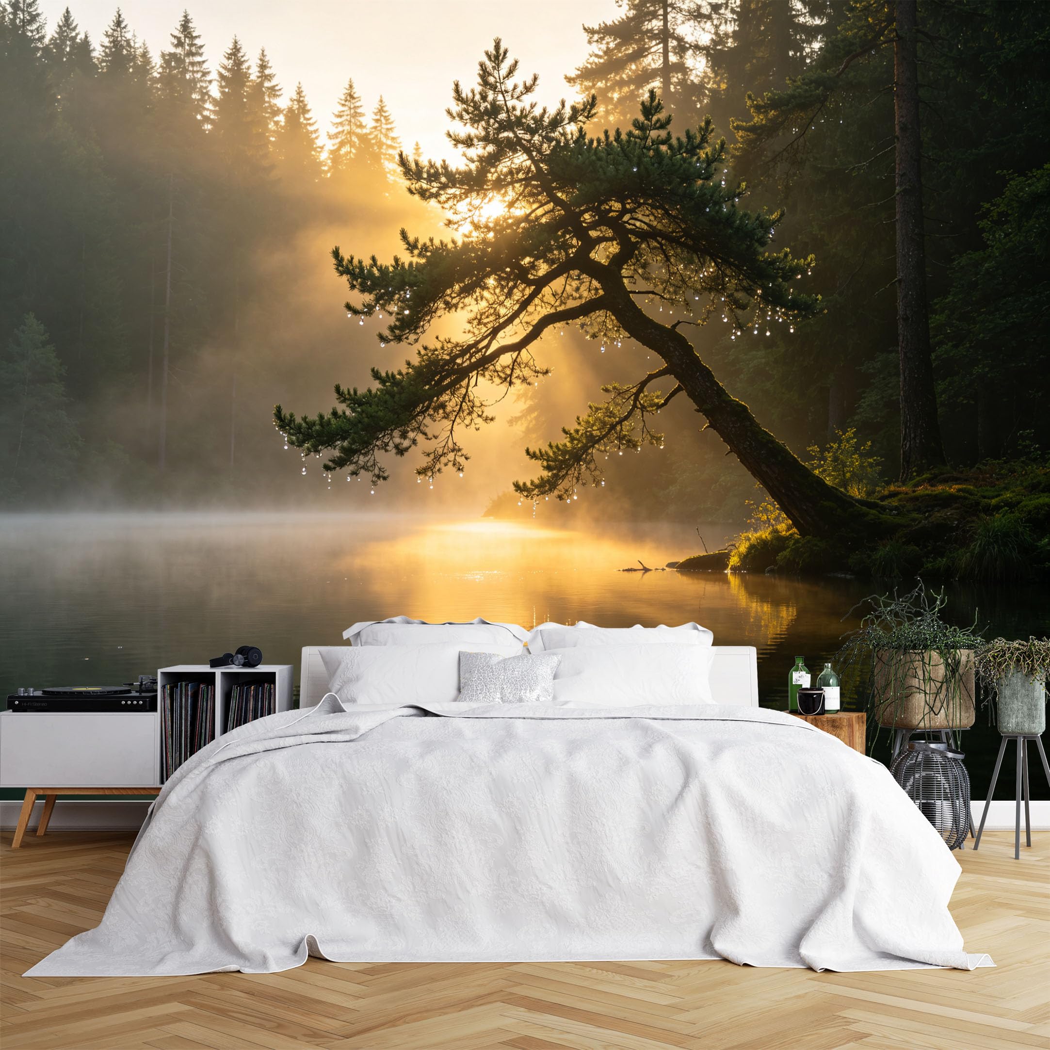 Lcythiazole Ch260615162 Custom Size Wall Murals Misty Lakeside Pine Tree Sunrise Landscape Wall Murals Forest Scenery Wallpaper Vivid Self-Adhesive Removable Wallpaper For Study Room