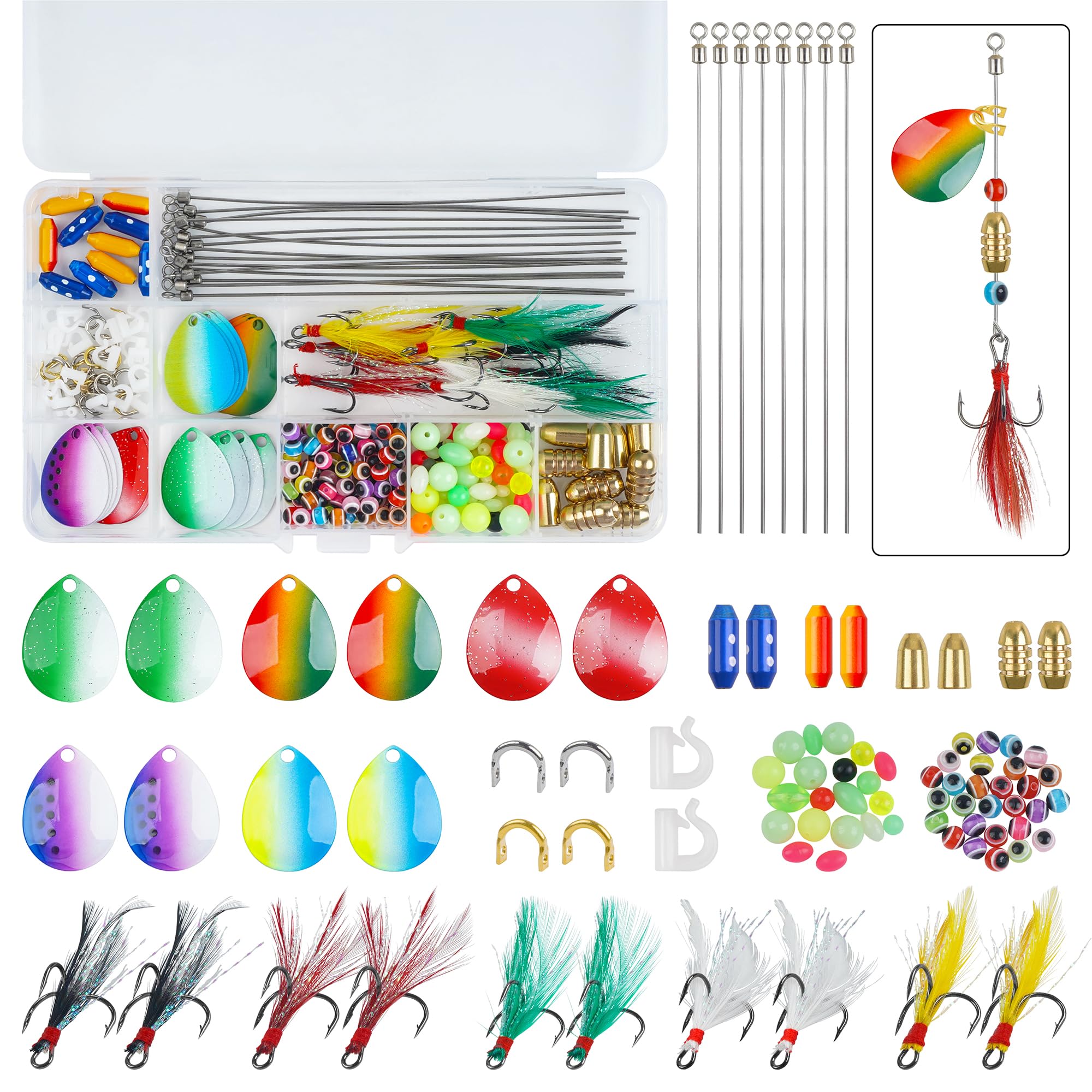 Spinner Making Kit,255pcs Walleye Rig Fishing Lure Making Kit Hammered Colorado Blades Walleye Spinner Crawler Harness Fishing Clevises Eye Beads Bass Trout Lure with Fishing Gift Box