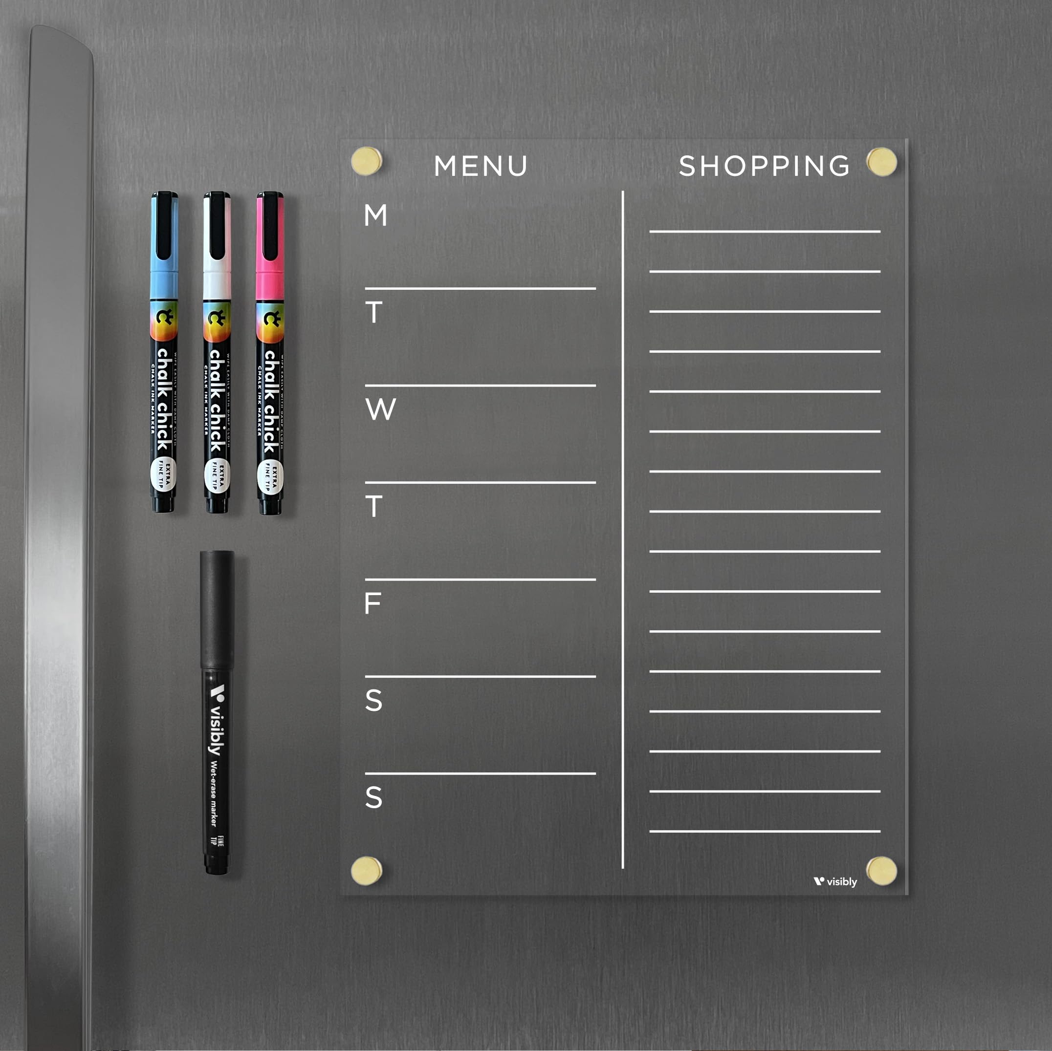 Menú acrílico magnético y lista de compras para nevera, incluye 4 marcadores magnéticos de borrado en húmedo para refrigerador, 9 x 12 pulgadas | Herrajes negros