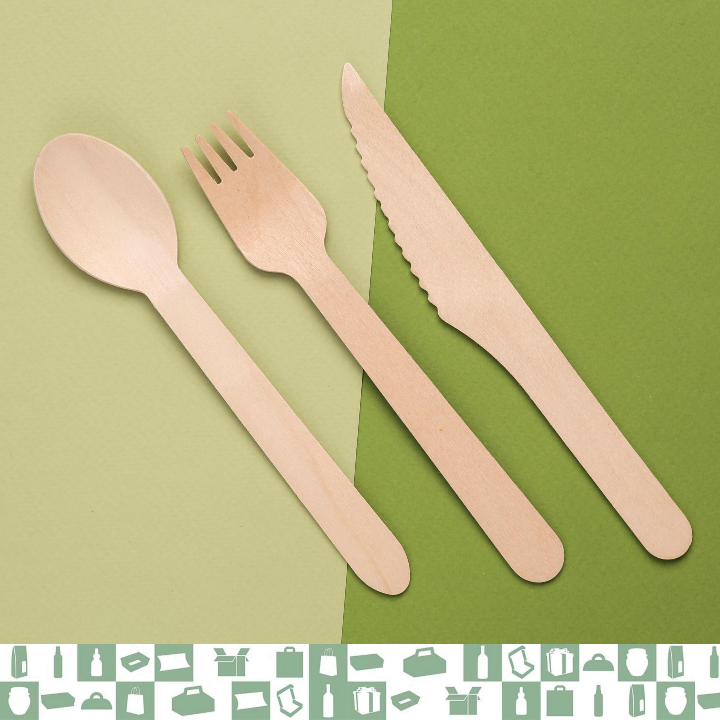 Juego de 100 tenedores + 100 cuchillos + 100 cucharas desechables de madera, cubiertos desechables, ideal para picnics y eventos