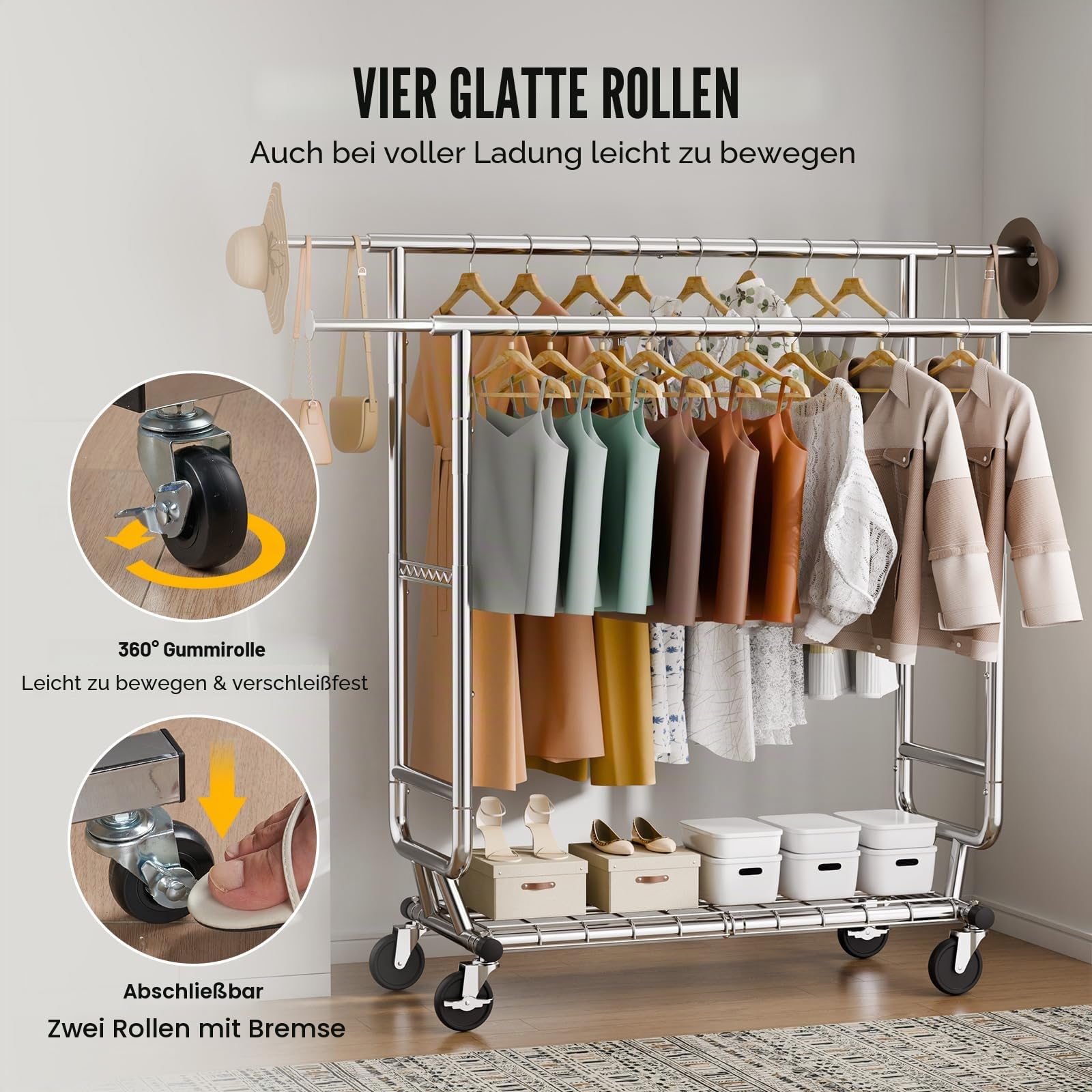 VEVOR Rollbarer Kleiderständer Garderobenständer 2 Kleiderstangen, Einstellbar 1282–1914 mm / 1443–1867 mm (L/H), Freistehender Stahl Kleiderständer 59 + 136 kg Belastbar, Strapazierfähig Silber