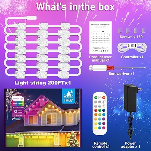 Miniatura 6 de MUCCCUTE Luces Permanentes para Exteriores para Navidad 200 pies Luces RGB para Casa con Aplicación y Control Remoto LED Arcoíris Inteligente IP67