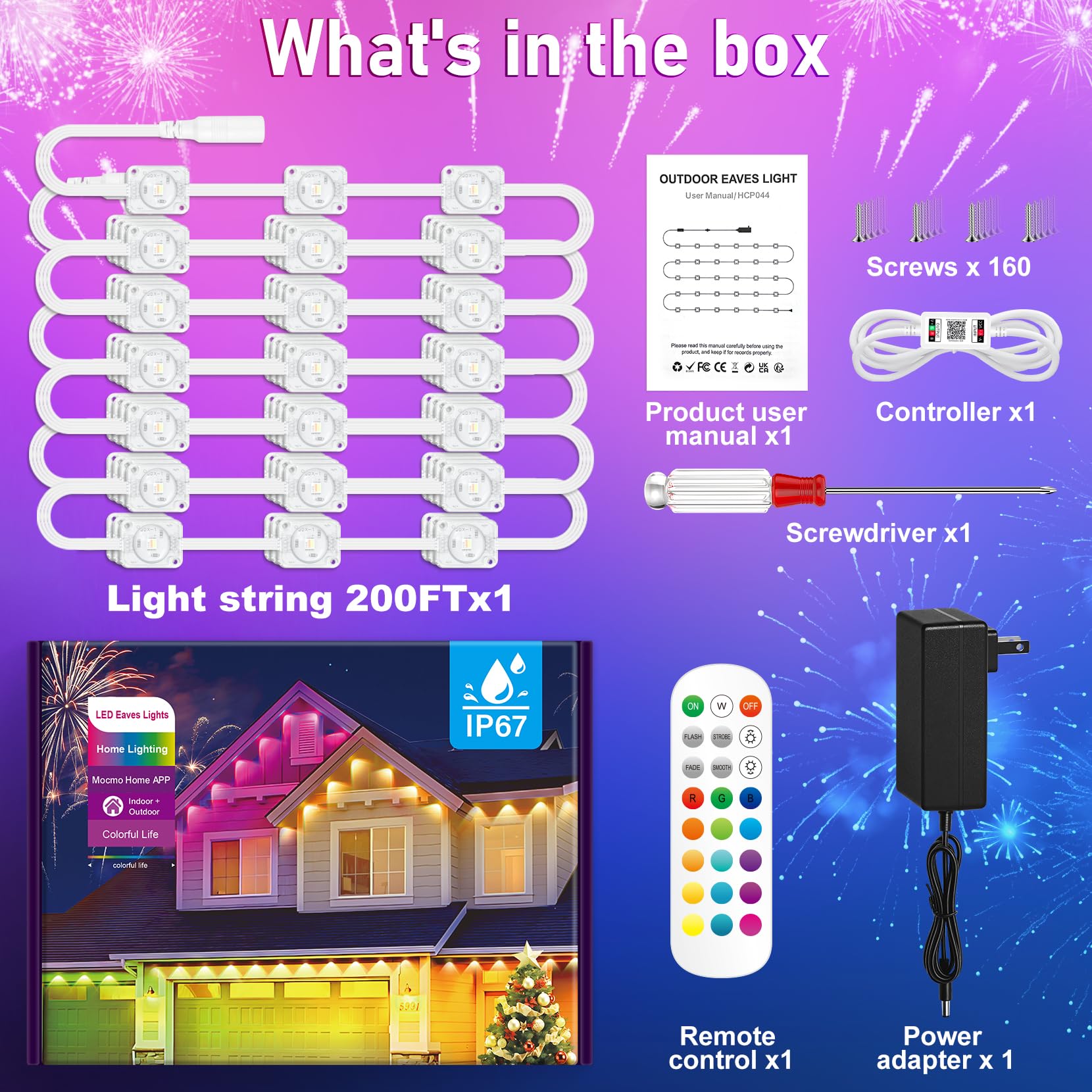 MUCCCUTE Permanente Außenleuchten für Weihnachten, 60 m, RGB-Hauslichter, mit App und Fernbedienung, Smart Rainbow LED, IP67 wasserdicht, für Feiertage, Neujahr, Dachtraufe, Gartendekoration