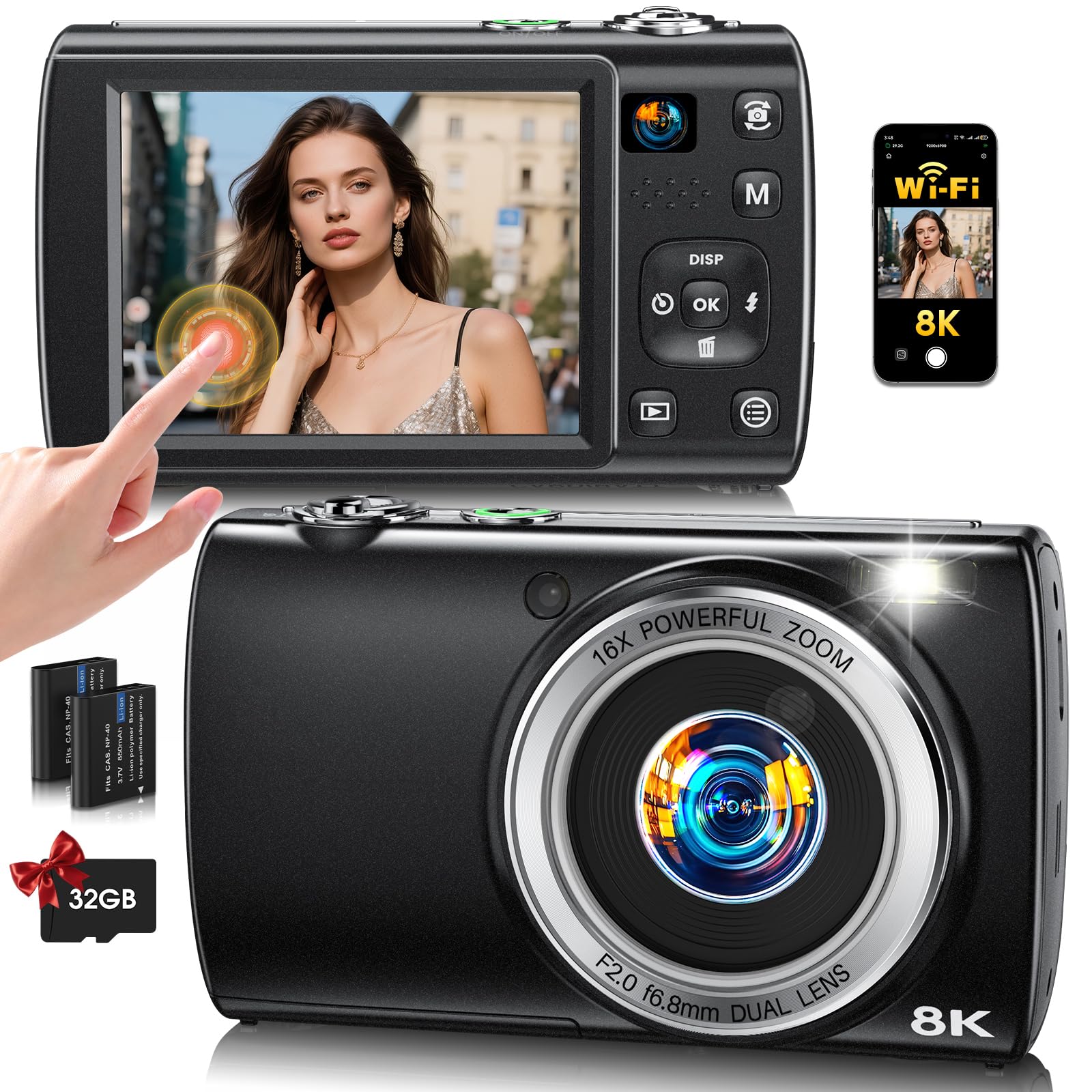 8K Digital Camera for Photography, 2026 Latest WiFi 88MP Vlogging Camera for YouTube with Dual Lens, Touch Screen, Autofocus Anti-Shake, 16X Zoom,