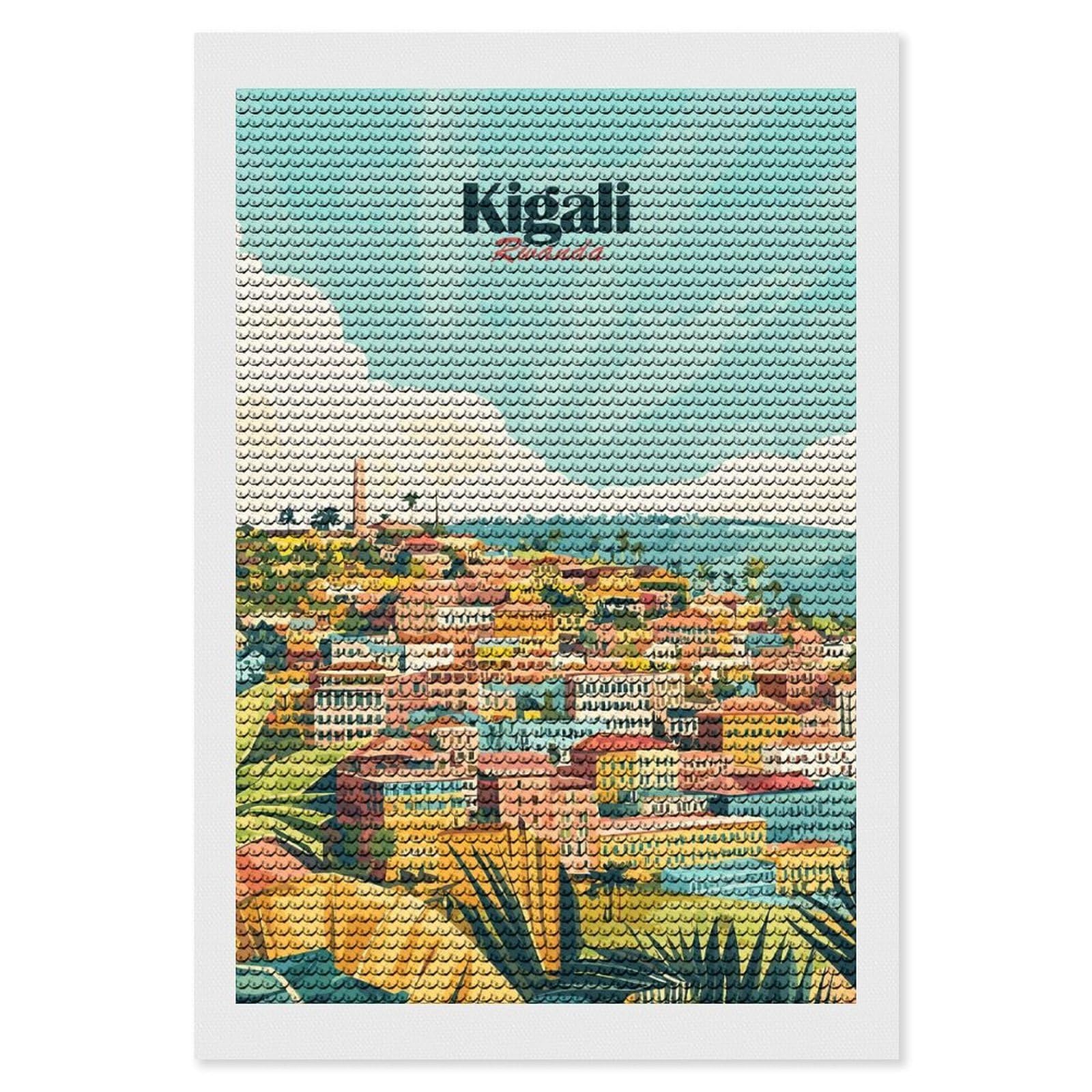 Junmoney Kigali Rwanda Cityscape Illustration Diamond Painting Canvas Kit 8"x12", Leisure Activity, Aesthetic Room Decor, with Tool Kit, DIY, Gift