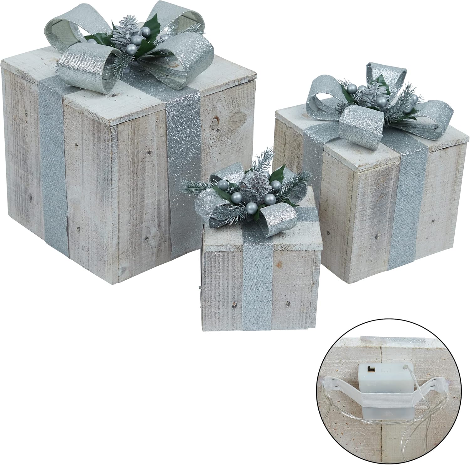 Festive Silver Wood LED-Lit Holiday Figurine Set, 3 Sizes
