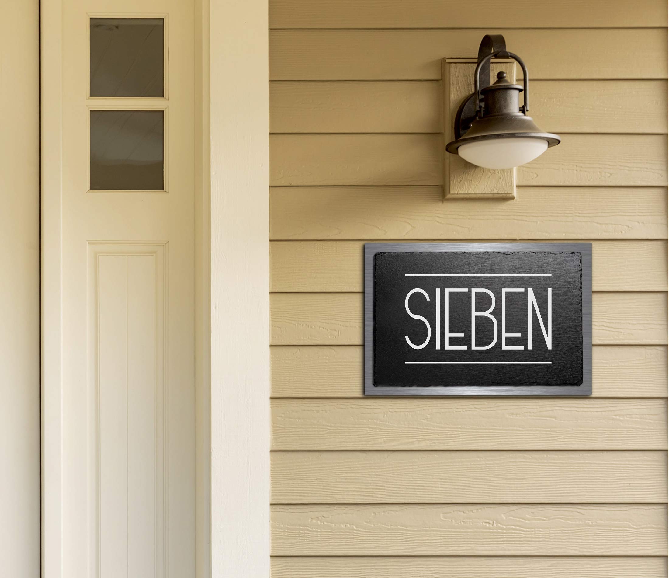 Premium Türschild | Hausnummer aus Schiefer und V2A Edelstahl | Namensschilder mit Gravur und Motiven Familien-schilder für die Haustür mit Namen selbstklebend oder mit Bolzen 30x20 cm