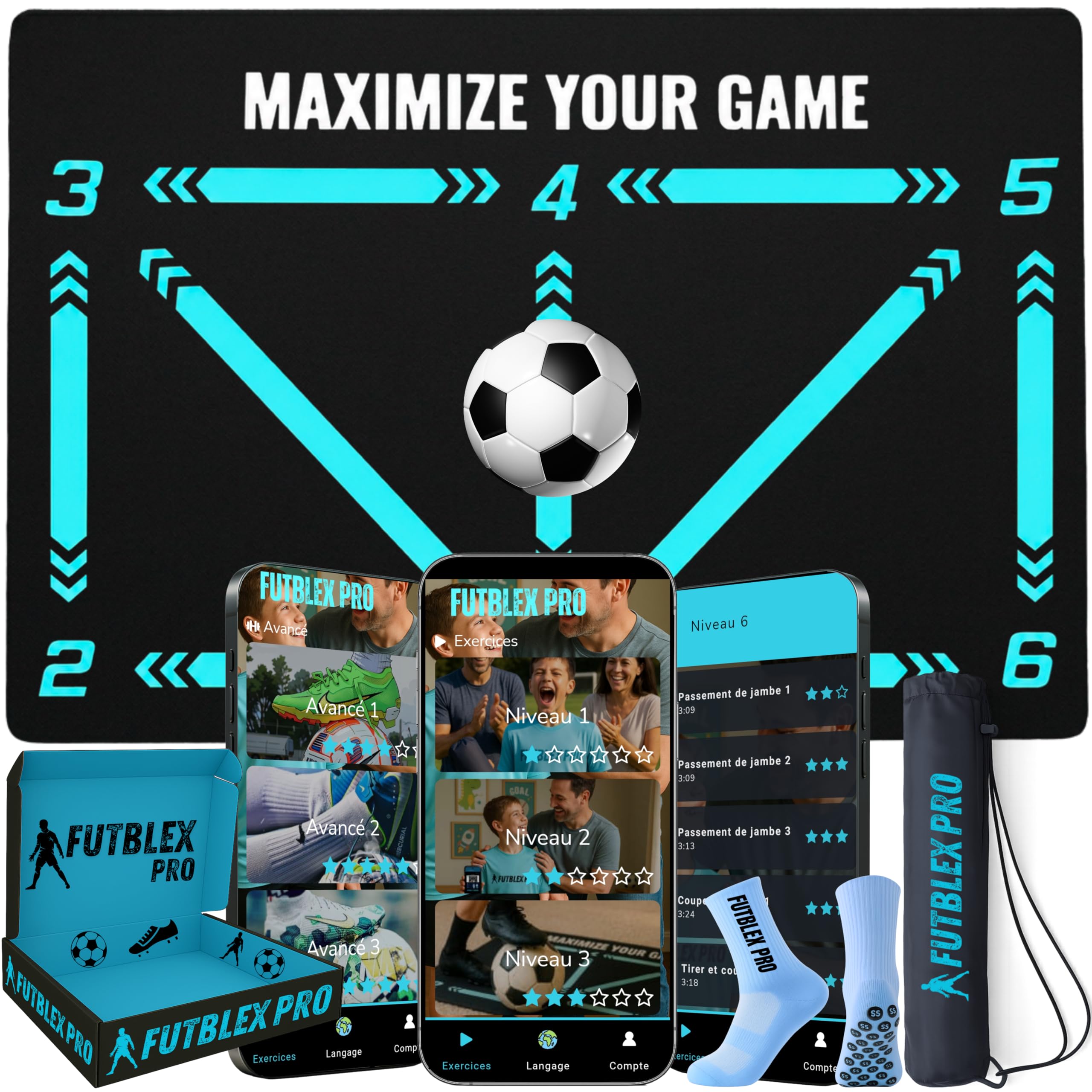 Tapis Entrainement Foot – Inclut une Application d’Entraînement avec Vidéos Interactives et Programmes Progressifs + Chaussettes Antidérapantes, Sac de Transport et Boîte Premium pour Cadeau