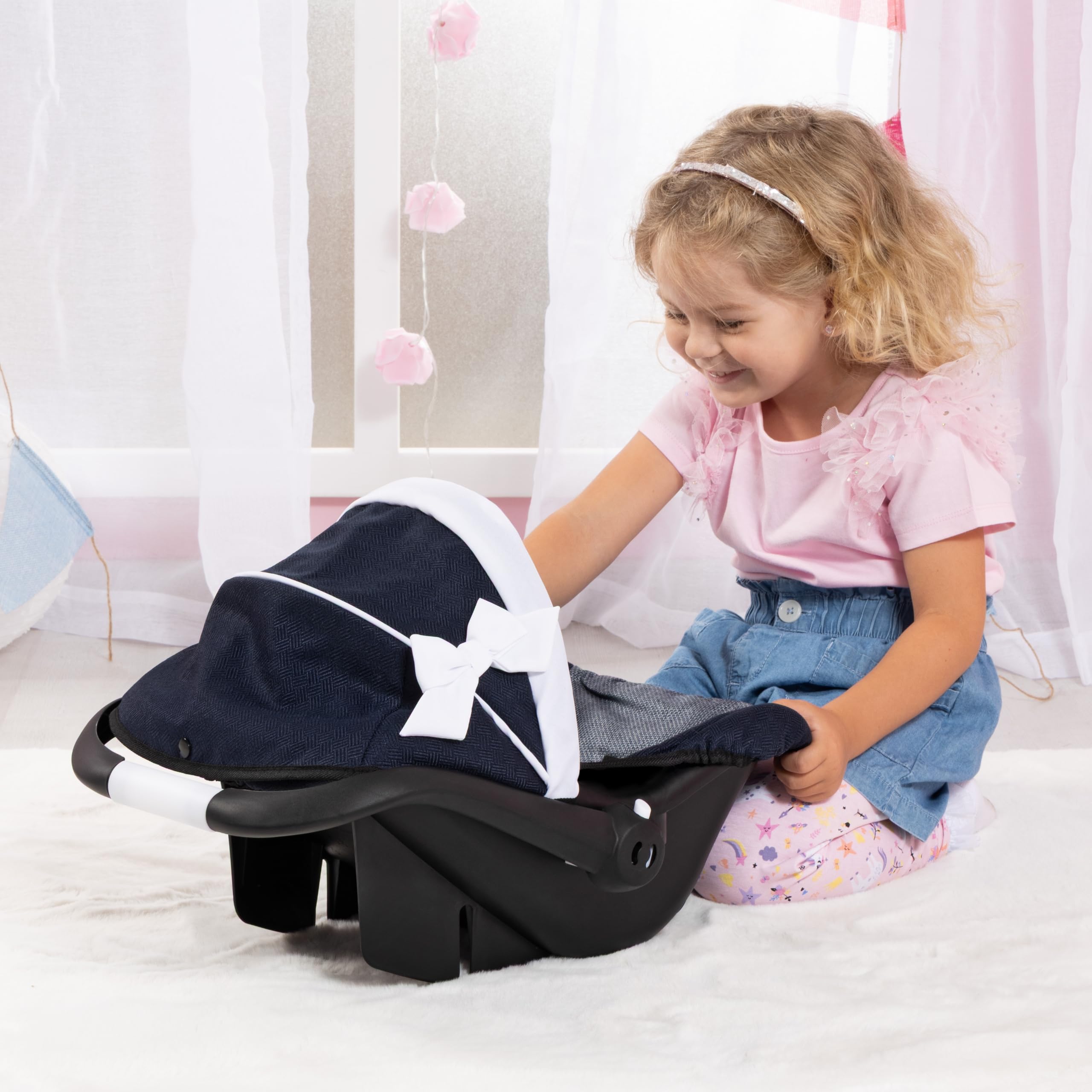 Bayer Design siège d'auto de poupée avec Pare-Soleil, Ceinture de sécurité | accessoire poupon jusqu'à 46cm, avec revêtement en tissu rembourré, le siège se balance, pour dormir, nourrir et porter