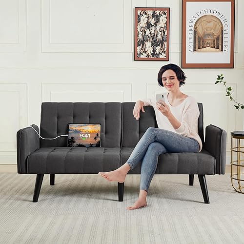 Miniatura 9 de TYBOATLE Sofá cama tipo futón convertible de 65 pulgadas con 2 USB, sofá biplaza tapizado capitoné pequeño y ajustable, moderno de mediados de siglo