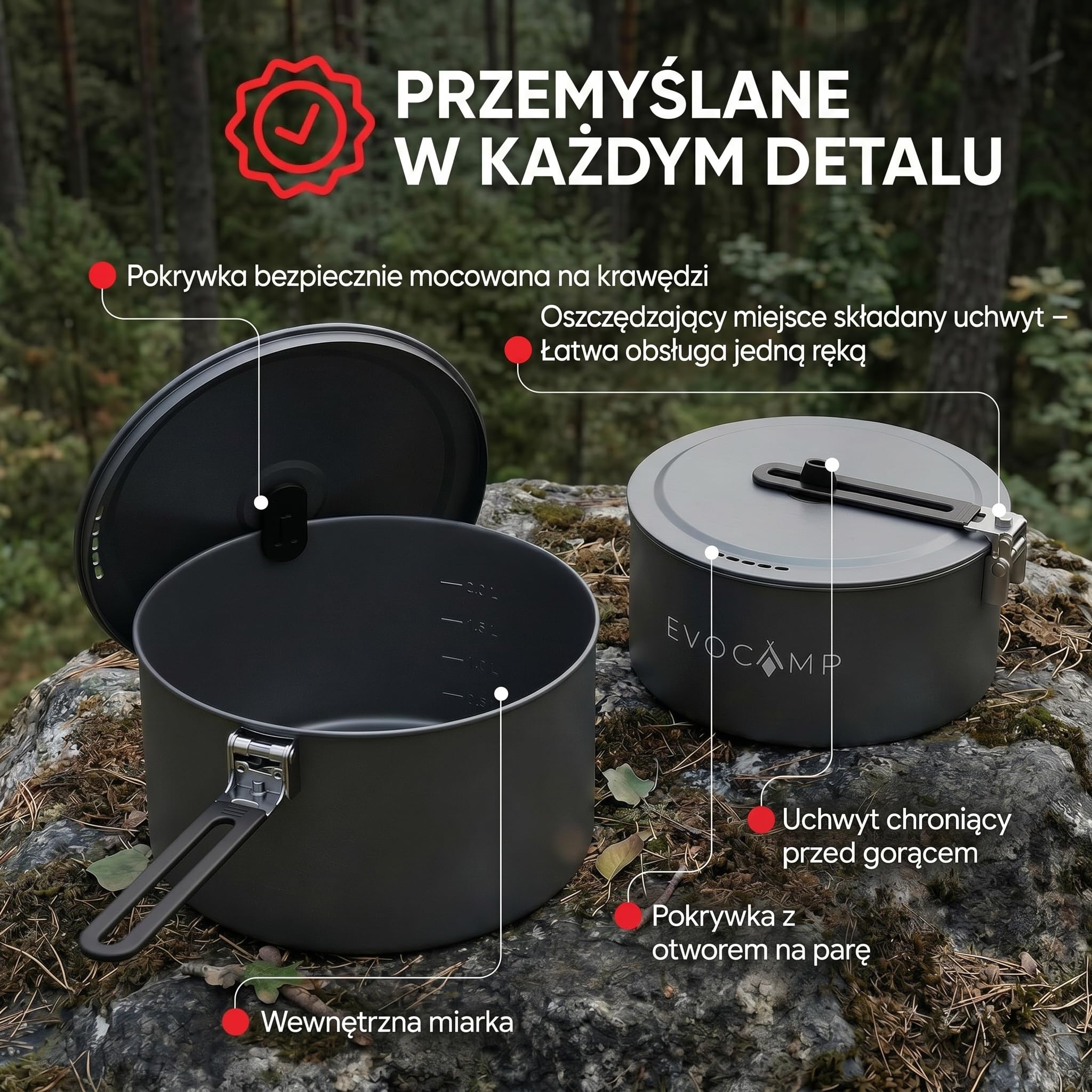 EVOCAMP Zestaw naczyń kuchennych do gotowania na kemping 4-częściowy aluminium, lekkie składane uchwyty i torba, kuchnia outdoor
