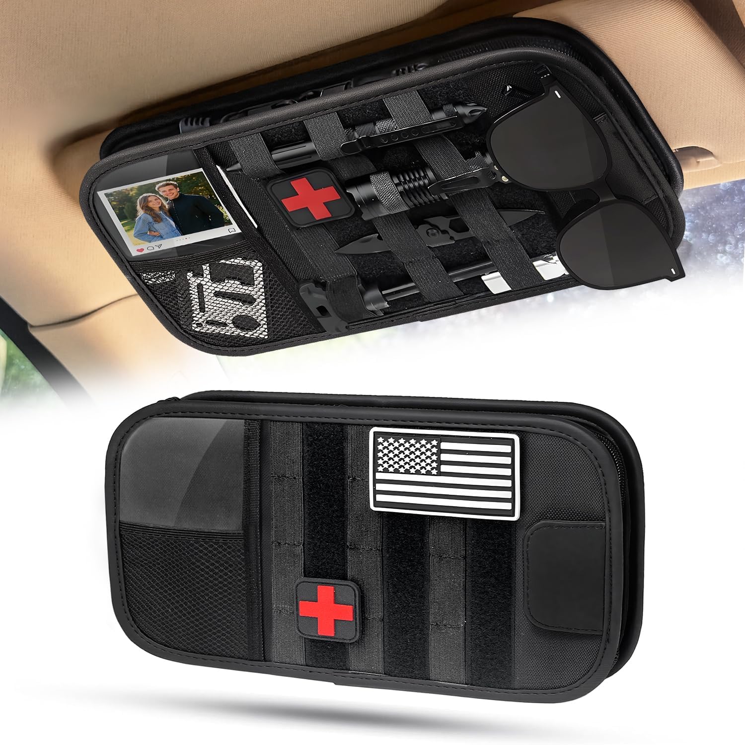 Molle Car Sun Visor Organizer - Tactical Storage Panel with 180° Zipper Pouch & Magnetic Glasses Clip & Photo Holder & Semi-Rigid Molle Panel for Military Gear (1)