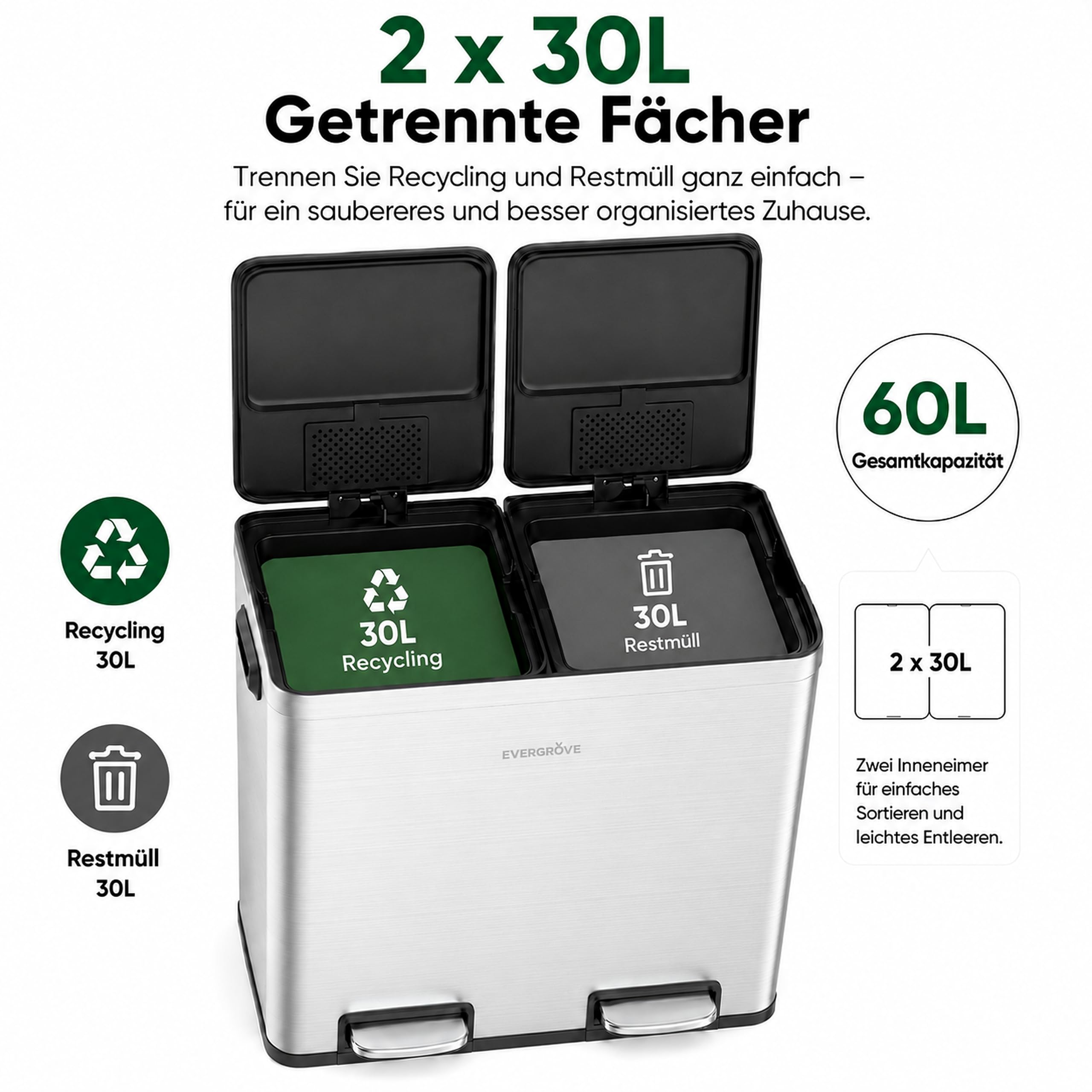 EverGrove 60L Mülltrennsystem, 2x30L, Edelstahl-Deckel (Brushed Silver) | 2 x 30-L-Fächer,Soft-Close-Deckel,Edelstahl-Deckel,Geruchsfilter,Herausnehmbare Inneneimer mit Beutelfixierung