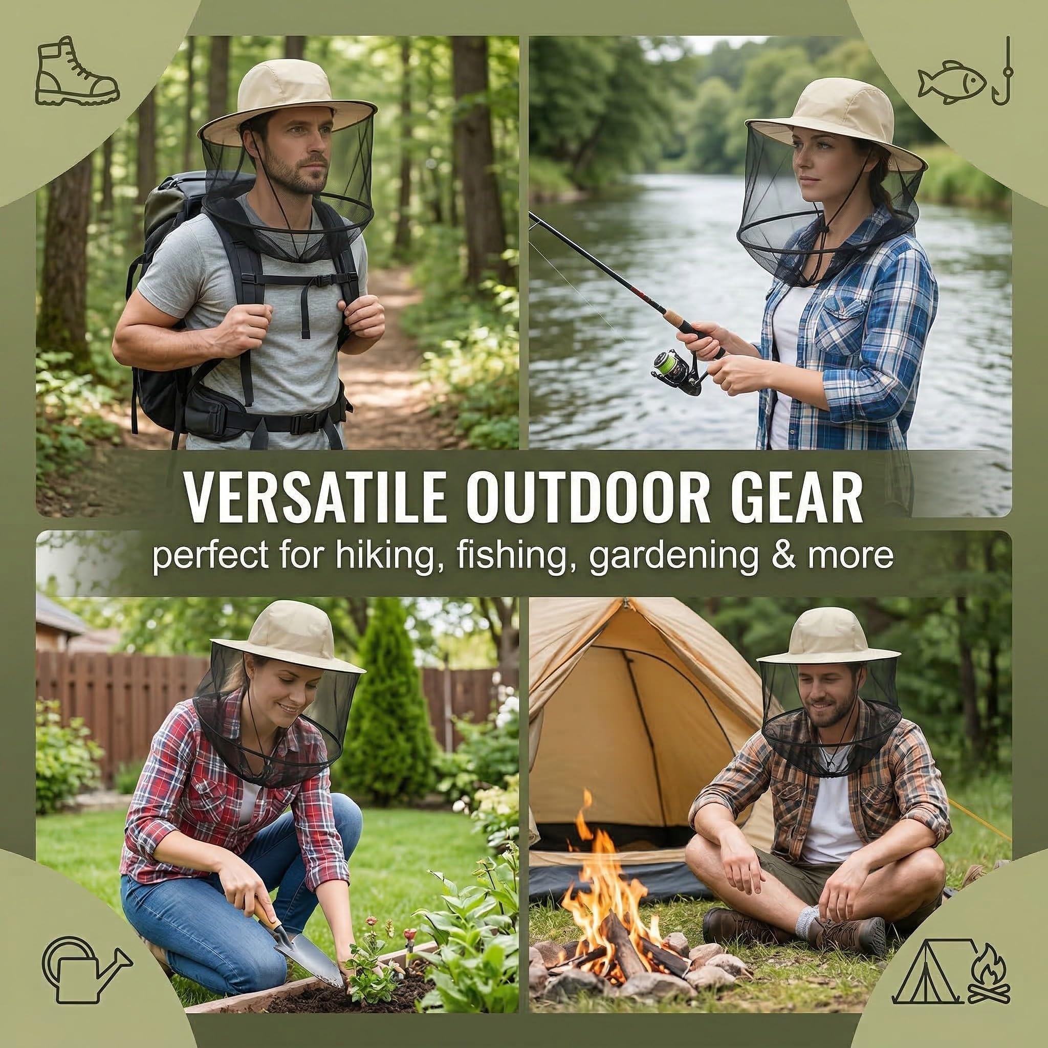 Cappello Antizanzare con Rete a Maglia Fine, Cappello da Pescatore Protettivo per Apicoltura, Pesca e Trekking, Cappello con Velo Anti-Insetti Regolabile, Beige