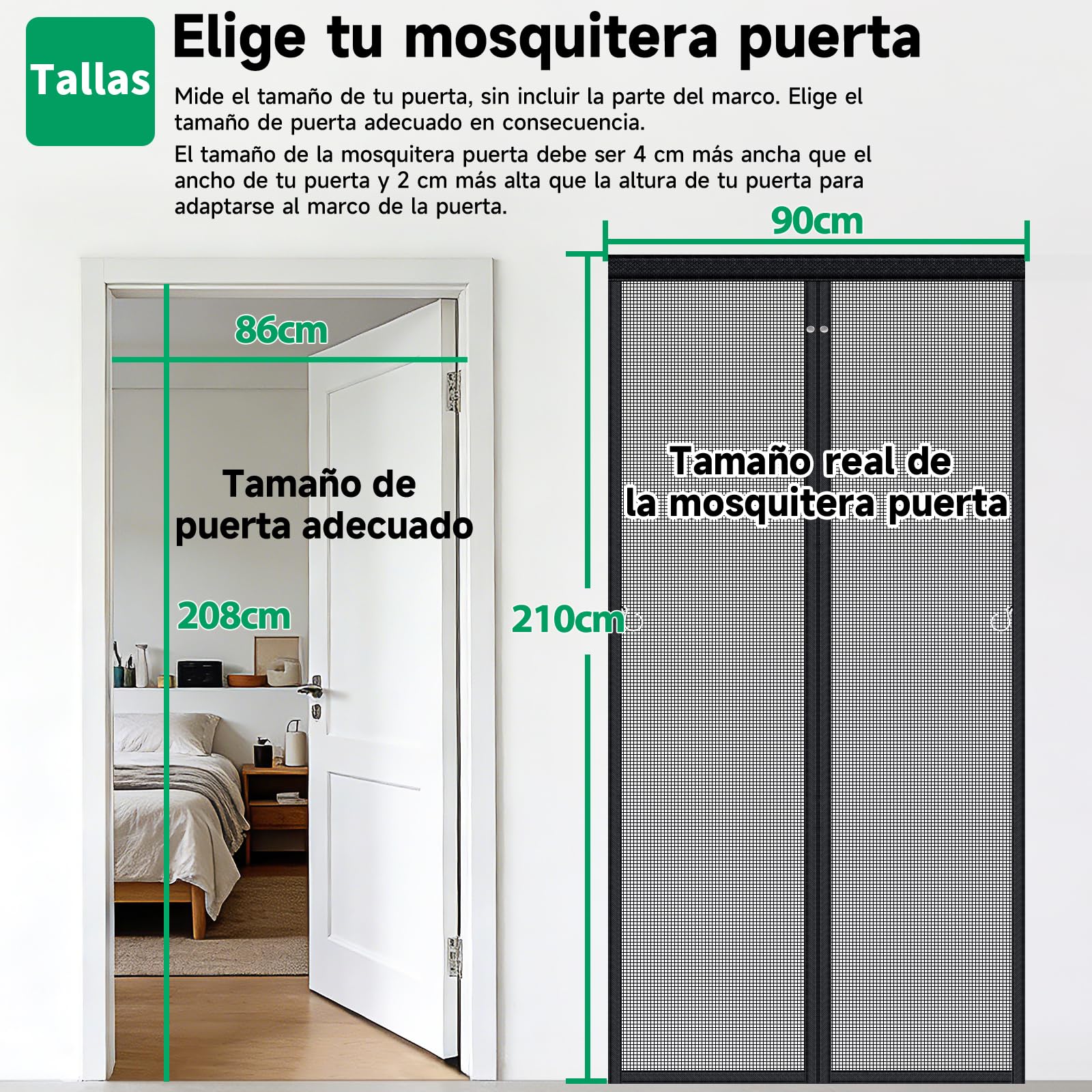 Mosquitera Puerta Magnetica, 90x210cm Cierre Magnético Completo, Sin Huecos, Fibra de Vidrio, Protección Contra Insectos, Imán sin Necesidad de Taladrar, Resistente a la Rotura, Resistente