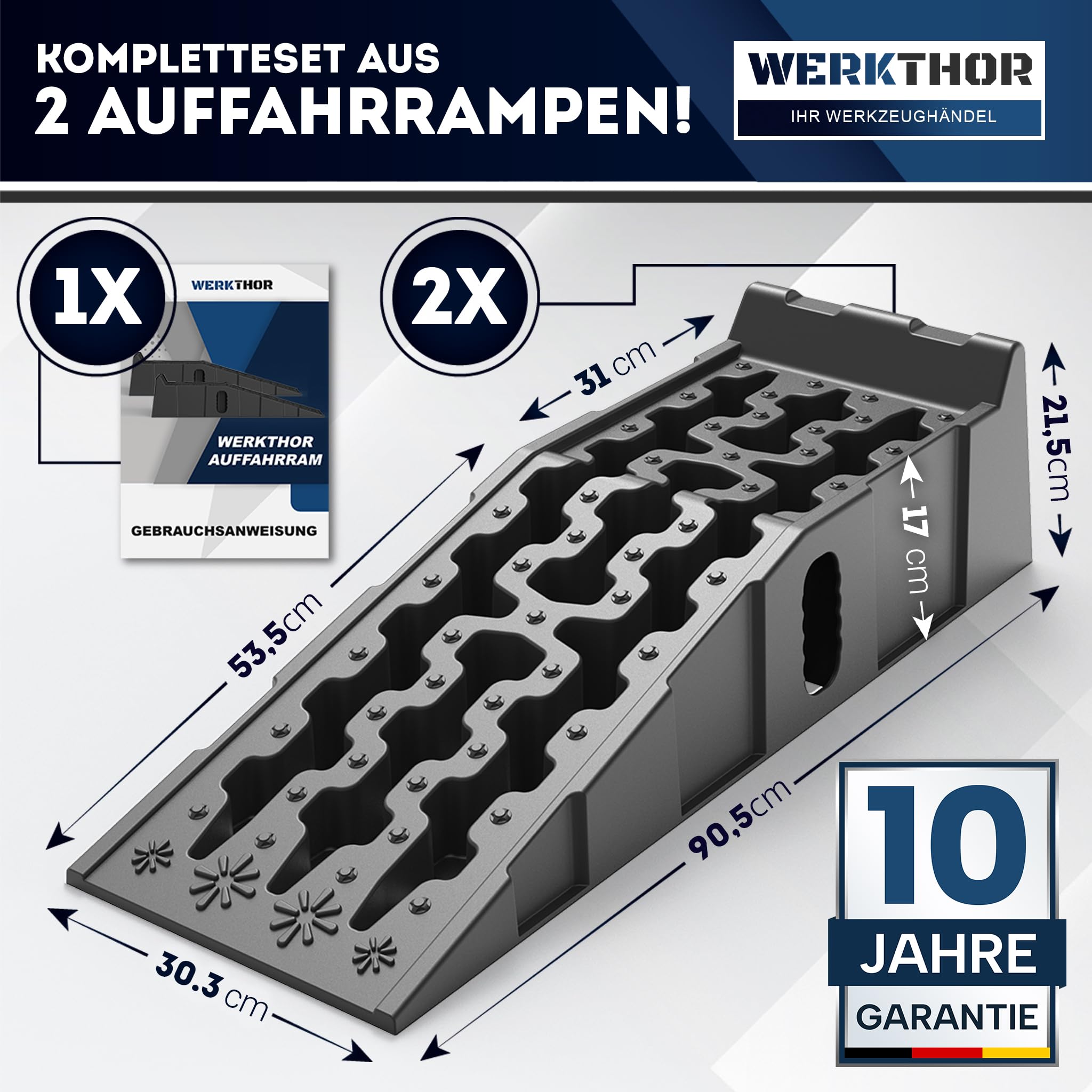 WERKTHOR Auffahrrampe Pkw – [2er Set] Auffahrrampen Pkw für maximalen Halt – Robuste Hebebühne Auto für jeden Untergrund – Auffahrkeile für sicheres Arbeiten – Perfekt für Fahrzeuge [>5T]