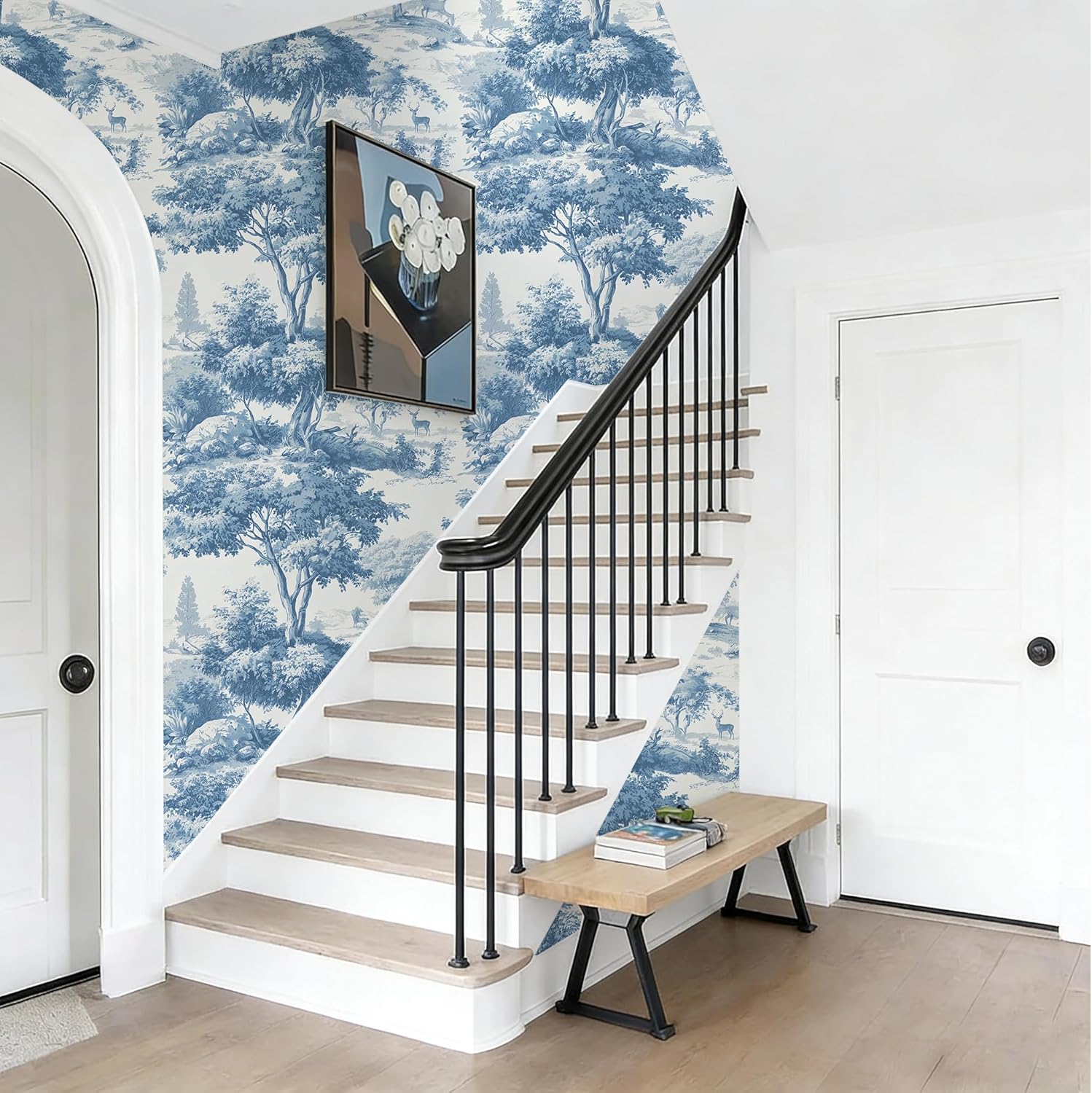 Peel and Stick Wallpaper - Blue & White Engraving Style Forest Landscape, Self-Adhesive Vinyl Removable Mural, Classic Vintage Wall Decor for Living Room & Bedroom, 17.7x118 Inch