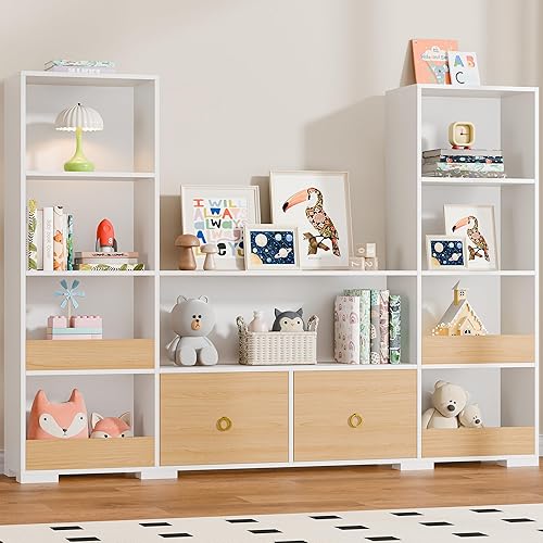 Cozy Castle Estantería infantil de 4 niveles, estantería combinada de 70.7 pulgadas de ancho con 2 cajones, organizador de almacenamiento de