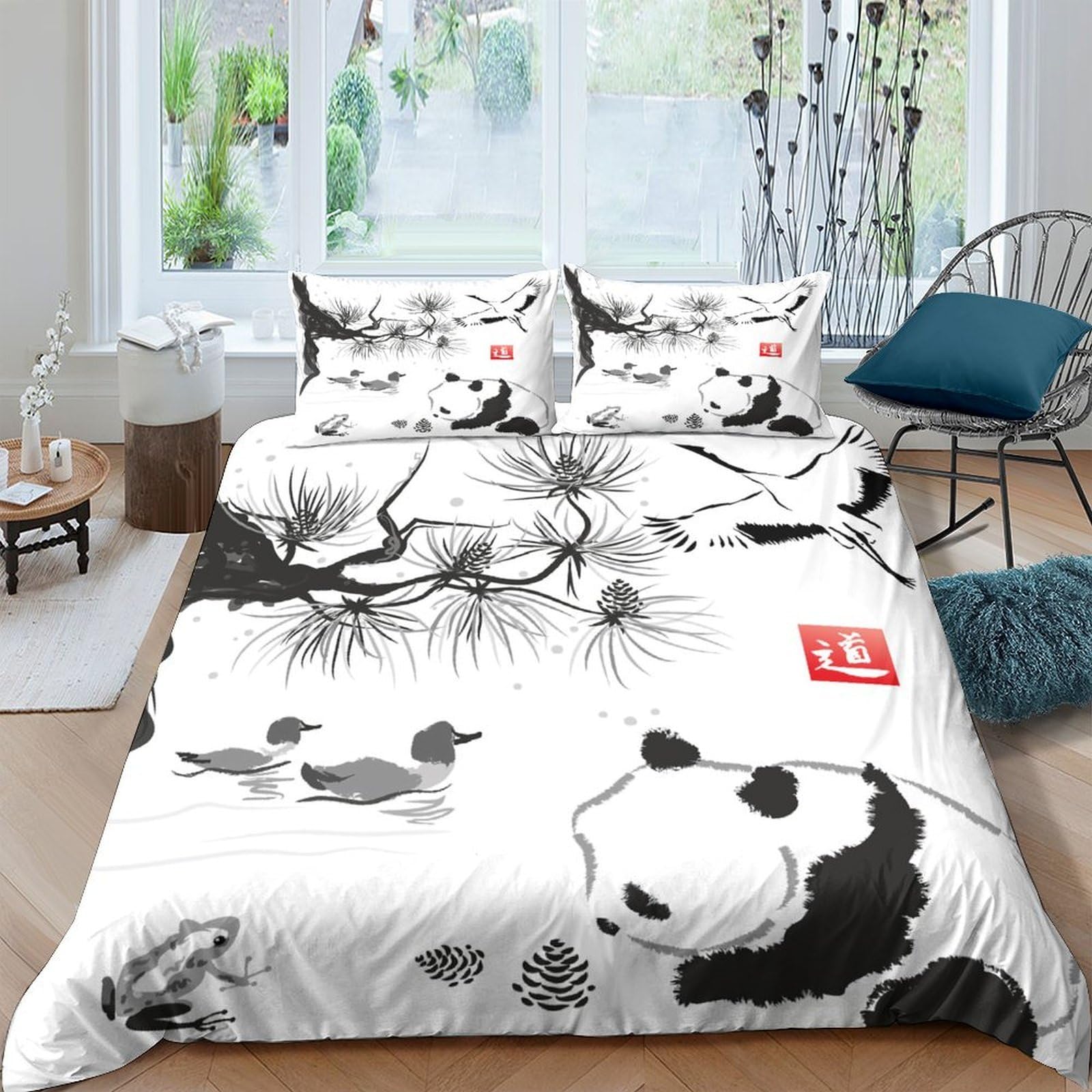 Ctjqhvkz Style-7 3D Printed Chinese Ink Panda Fitted Sheet Microfiber Soft Black White Bamboo Bed Cover For Bedroom Guestroom Decor Single（135X200cm）