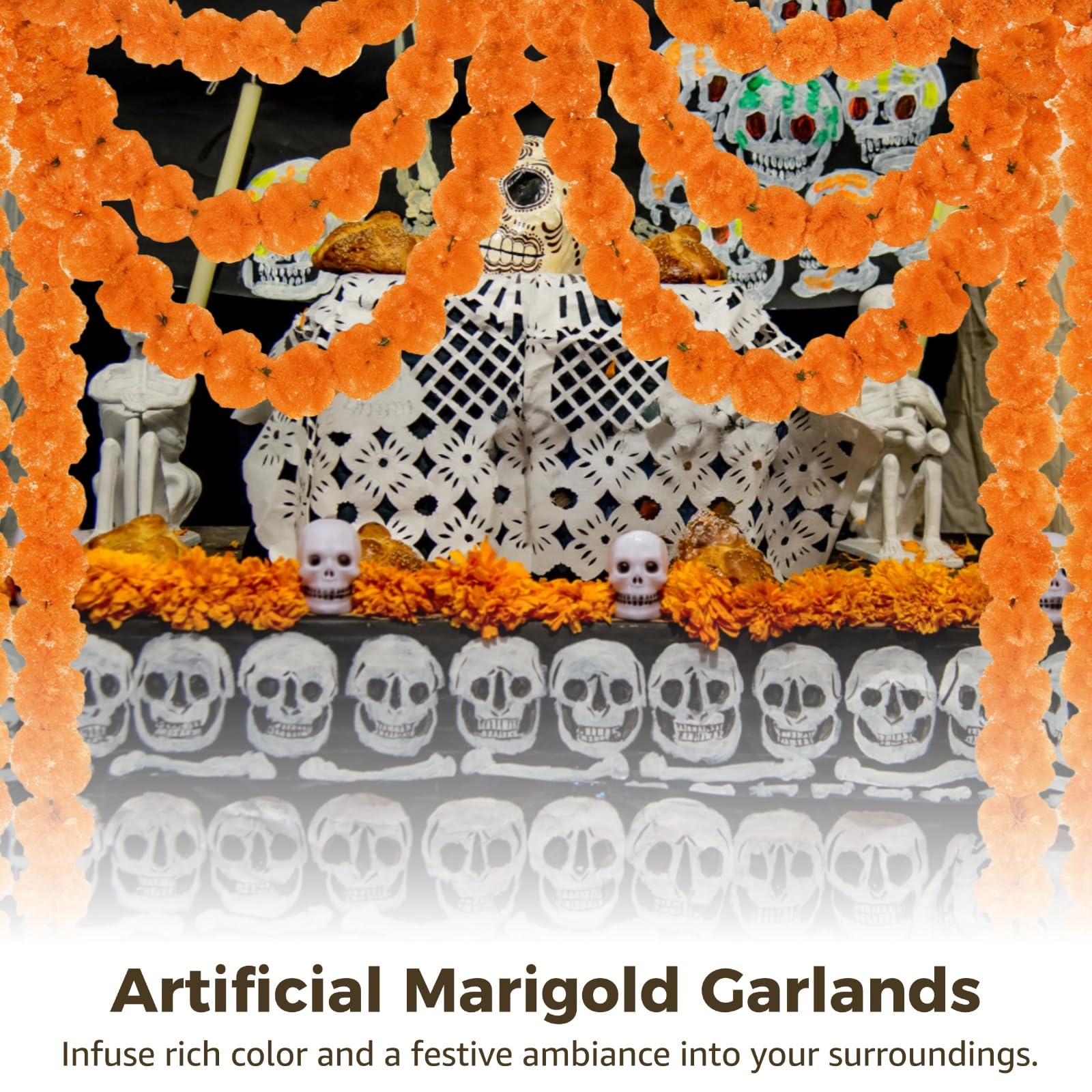 Girlandy nagietka, 15 szt., sztuczne kwiaty do dekoracji, wielokrotnego użytku, sztuczne kwiaty nagietka, na Dzień Zmarłych, Halloween, jesienną dekorację, imprezę i wystawę domową