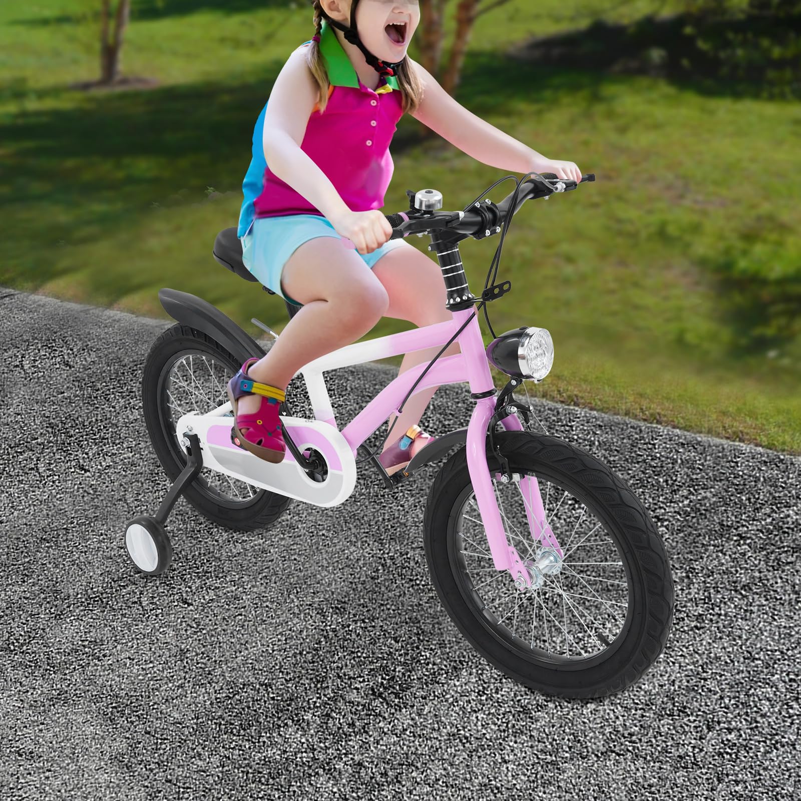 Vélo pour enfant 16 pouces pour filles et garçons à partir de 5 à 8 ans, avec roues stabilisatrices, lampe LED, réglage de la hauteur, alliage d'acier au carbone pour enfants garçons à