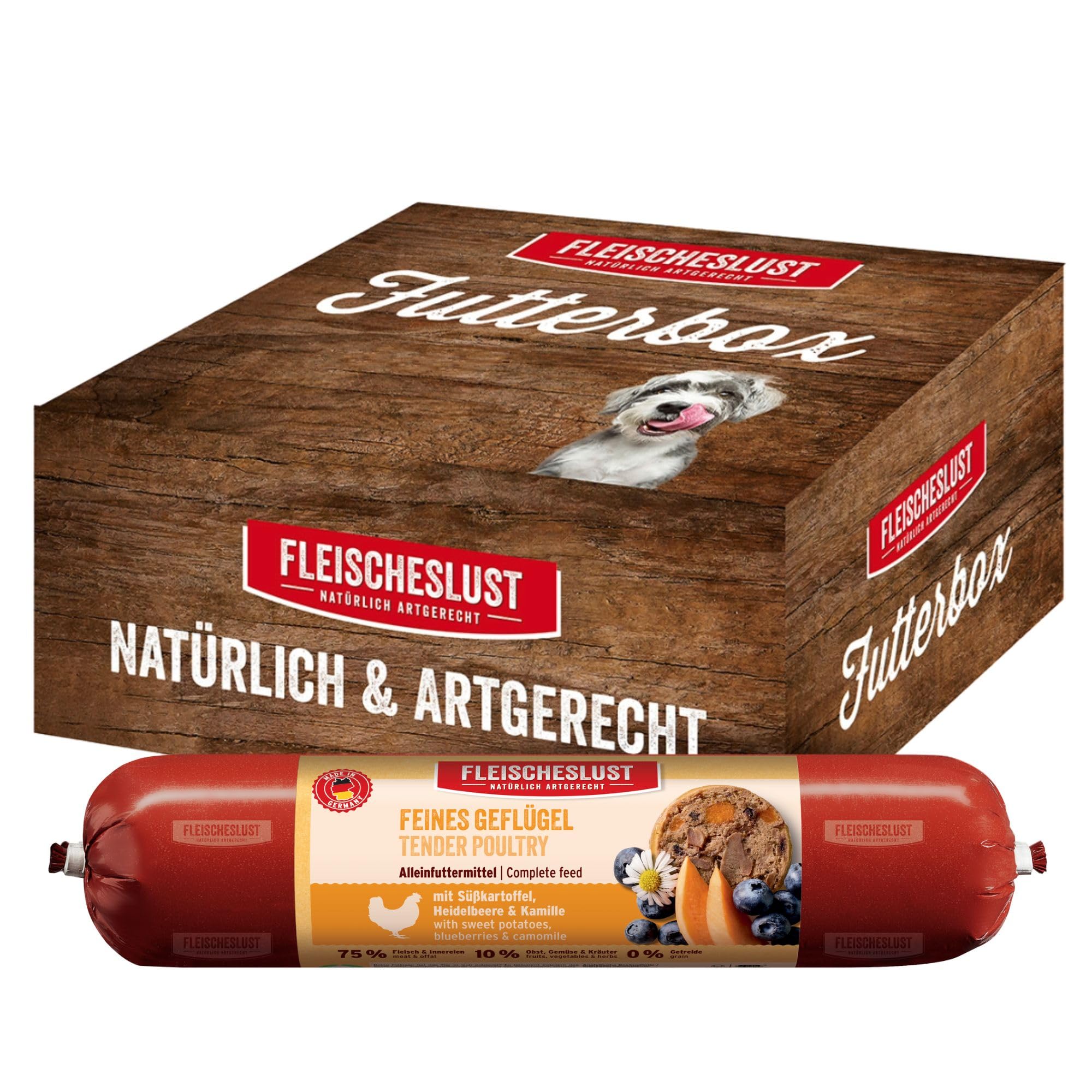 Fleischeslust Salchichas para perros, aves de corral finas con batata, arándanos y manzanilla como caja de alimentación (6 x 800 g), comida para perros, salchichas húmedas, resistente a cortes y sin