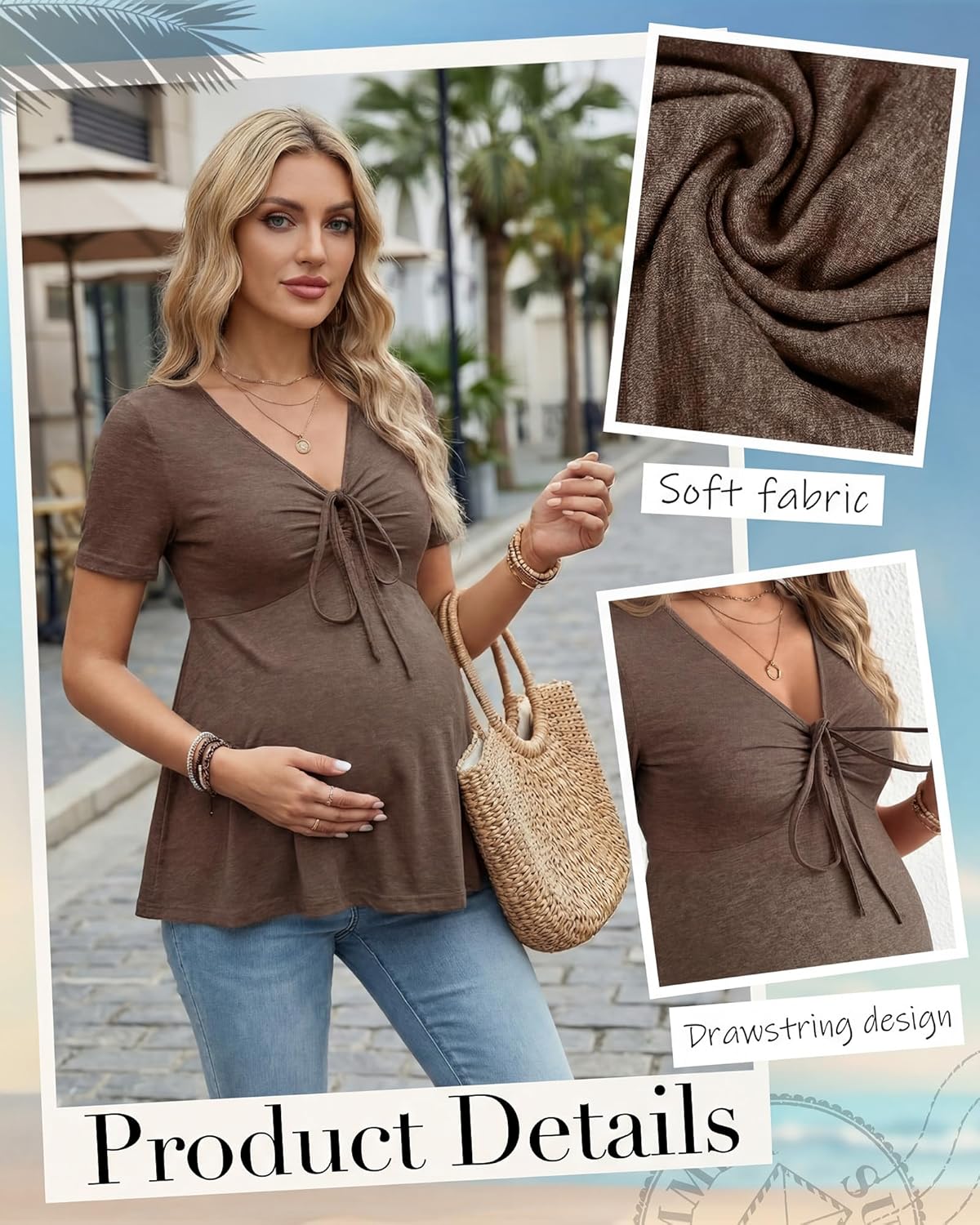 Cutecrop 3 Pack Women Maternity Shirts Short Sleeve V Neck Ruffle Pregnancy Tops Casual Drawstring Babydoll Tie Front Tunic