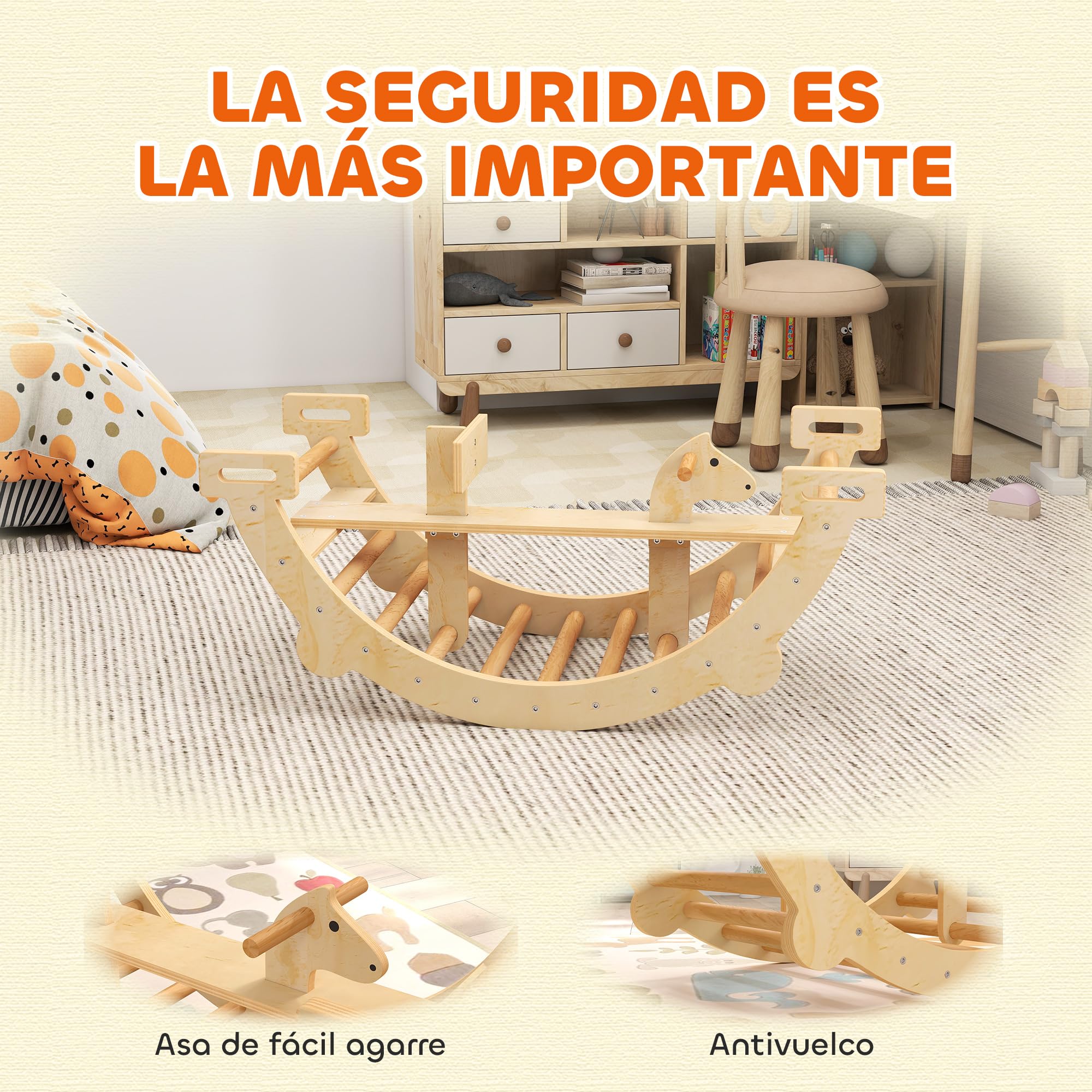 AIYAPLAY 2 en 1 Arco de Escalada de Madera y Caballito Balancín, Estructura de Escalada Montessori, Juguetes Educativo de Interior para Niños de 2-4 Años, Natural