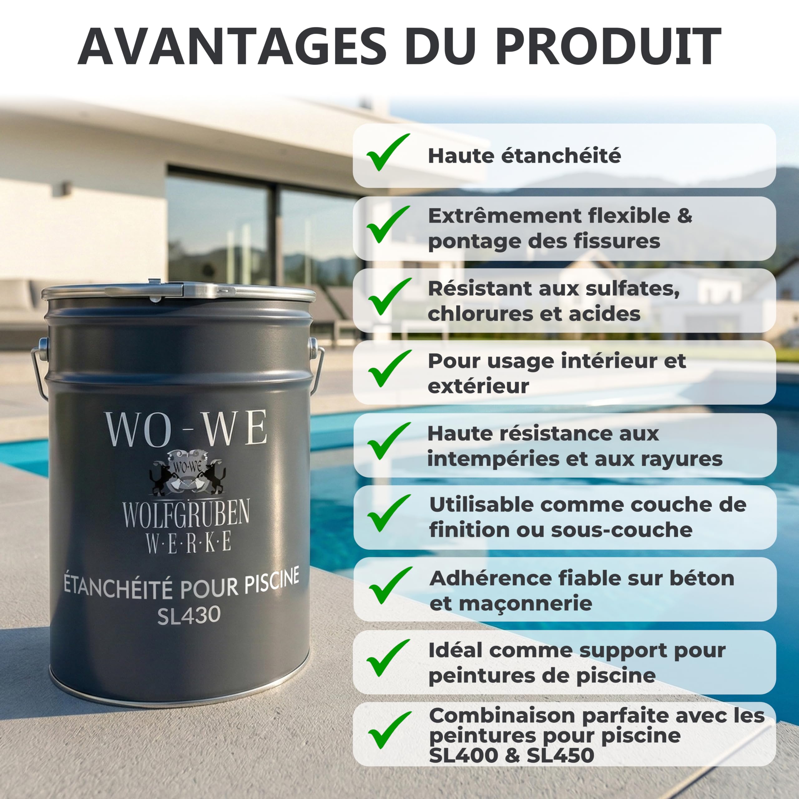 WO-WE Enduit d'étanchéité SL430 pour peinture piscine à base de résine - 10KG