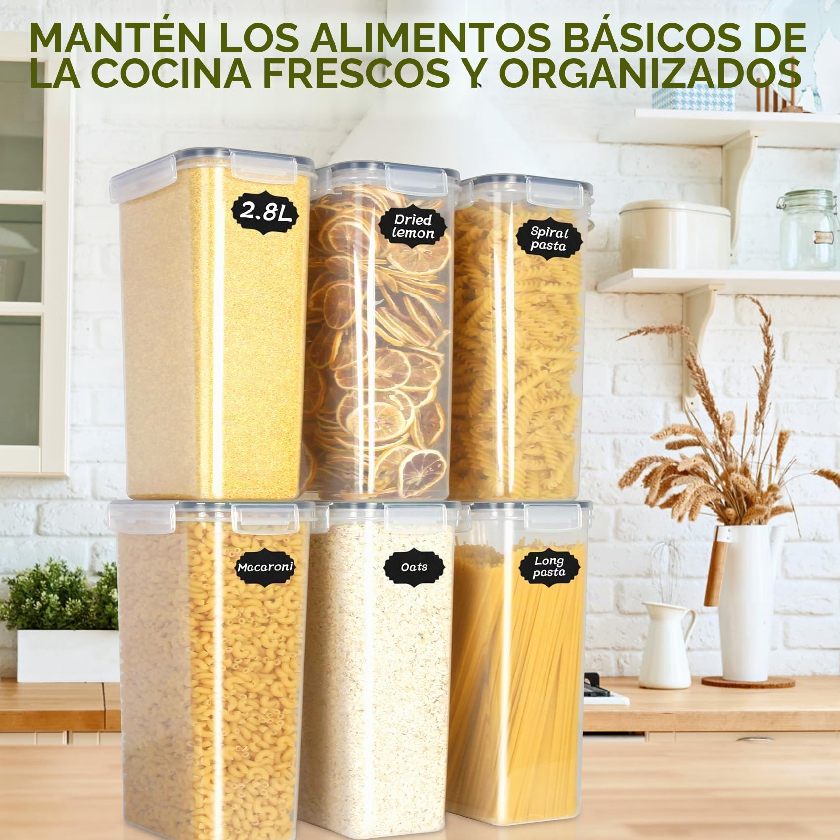 Cinnani 2.8L Botes Cocina Almacenaje 6 Piezas, Recipientes para Alimentos de Plástico, sin BPA, Botes Cocina Hermeticos Contenedores para Cereales, Pasta, Arroz, Harina