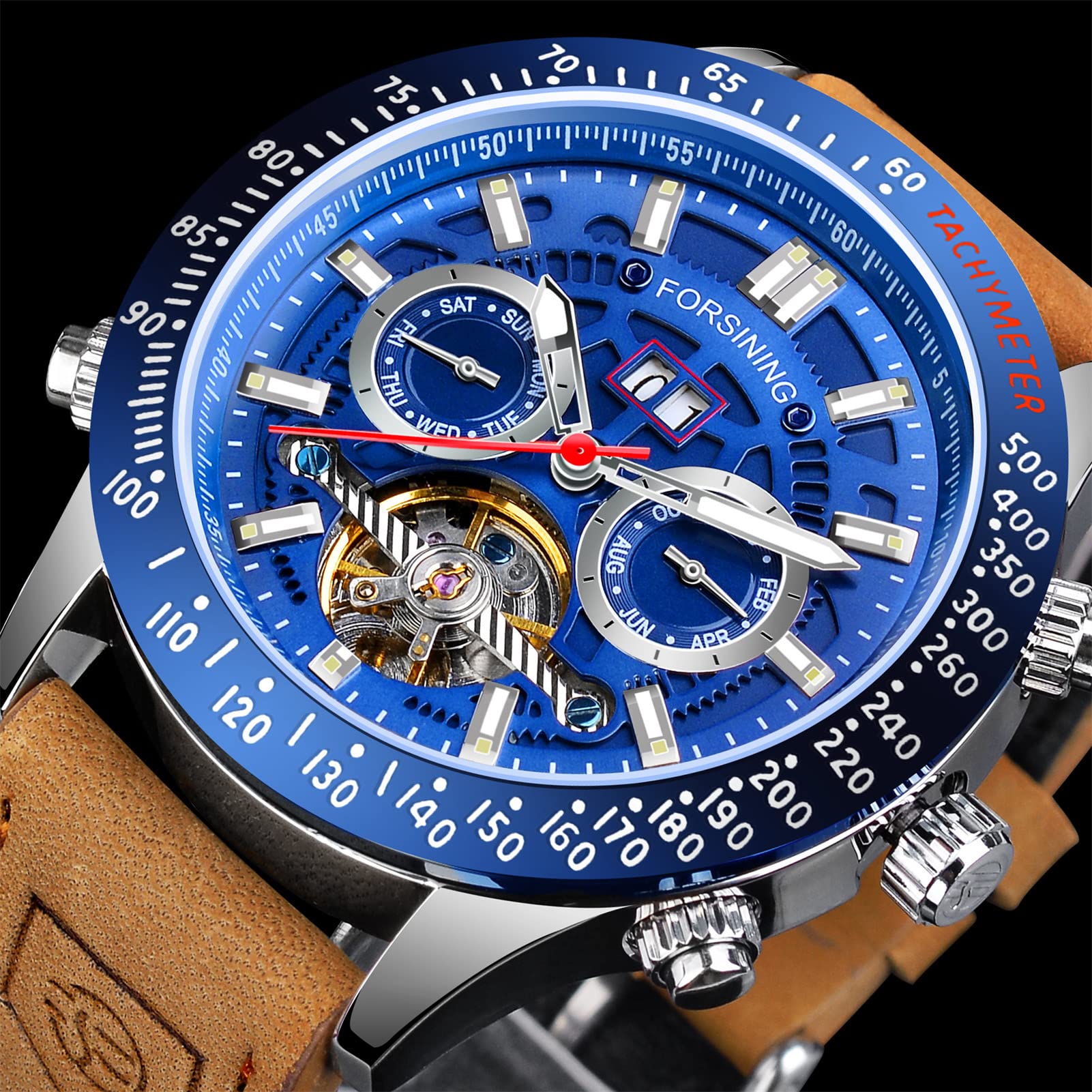 Forsining Herren-Armbanduhr, mechanisch, automatisch, Tourbillon, leuchtende Zeiger, analog, Datum, Luxus, Freizeit, Business, echtes Lederband, blau, Riemen