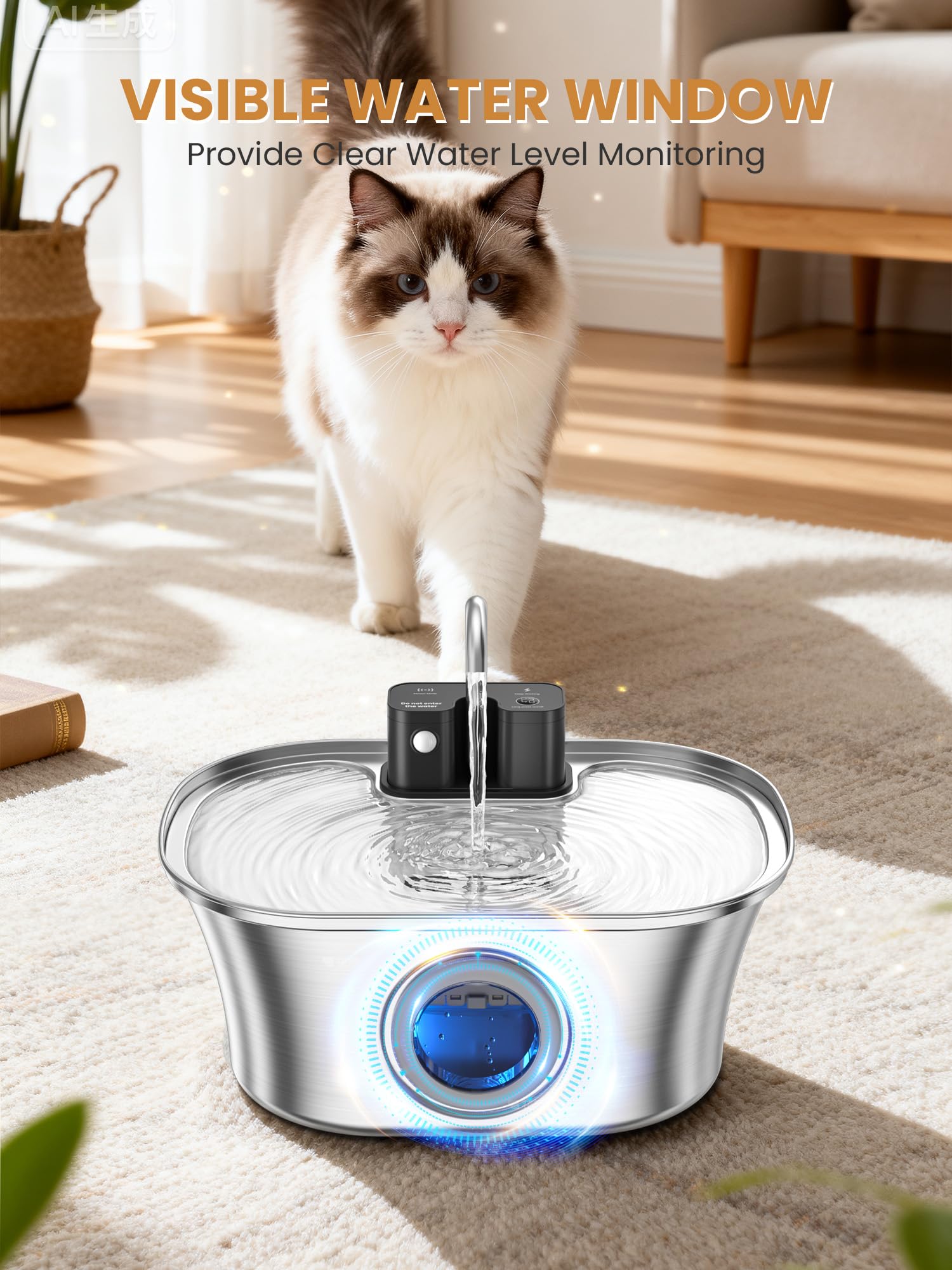 Cat Water Fountain Stainless Steel Cat Fountains for Drinking-108oz/3.2L Quiet Water Fountain for Cats Wireless Cat Water Fountain with Water Level Window for Cats&Dogs Indoor (3 Filter) - image 6