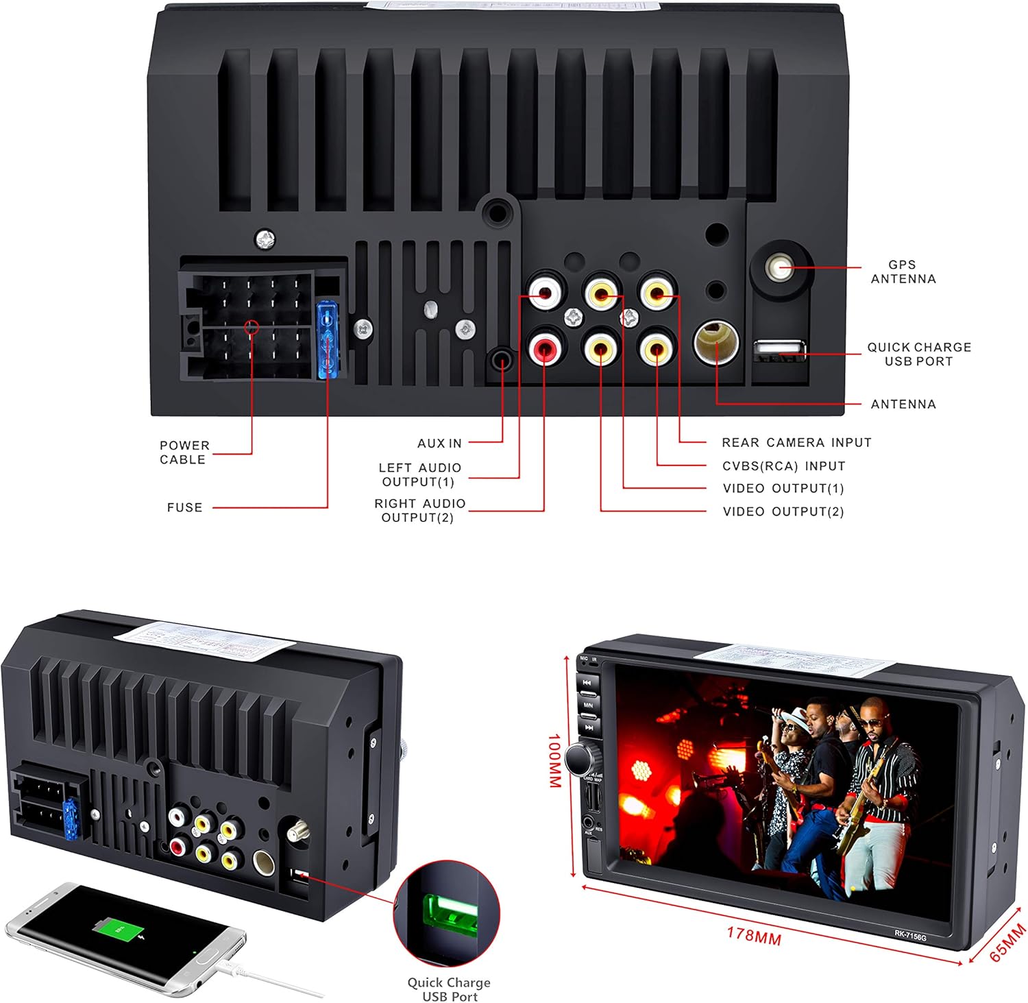 පසුපස view of the LSLYA Dual 2 Din Car Stereo showing various input/output ports including GPS antenna, quick charge USB, antenna, rear camera input, video outputs, audio outputs, AUX in, power cable, and fuse. Also shows unit dimensions.