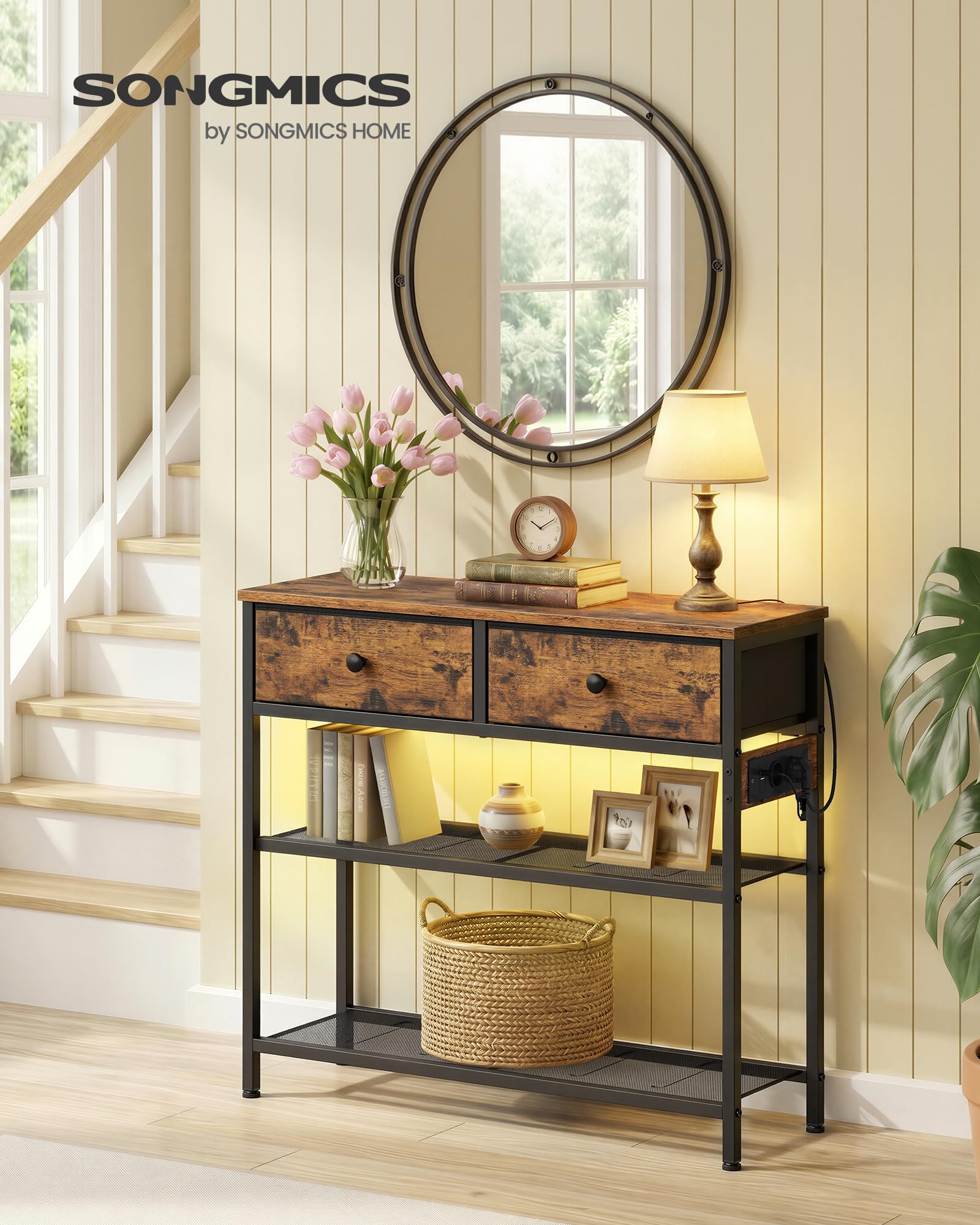 SONGMICS BELLAH Colección - Consola de Recibidor con Toma de Corriente, Mesa Auxiliar con Luz LED, Mesa de Recibidor, Sala de Estar, 30 x 76,7 x 78,7 cm, 2 Cajones de Tela, Marrón Rústico LGS175K102