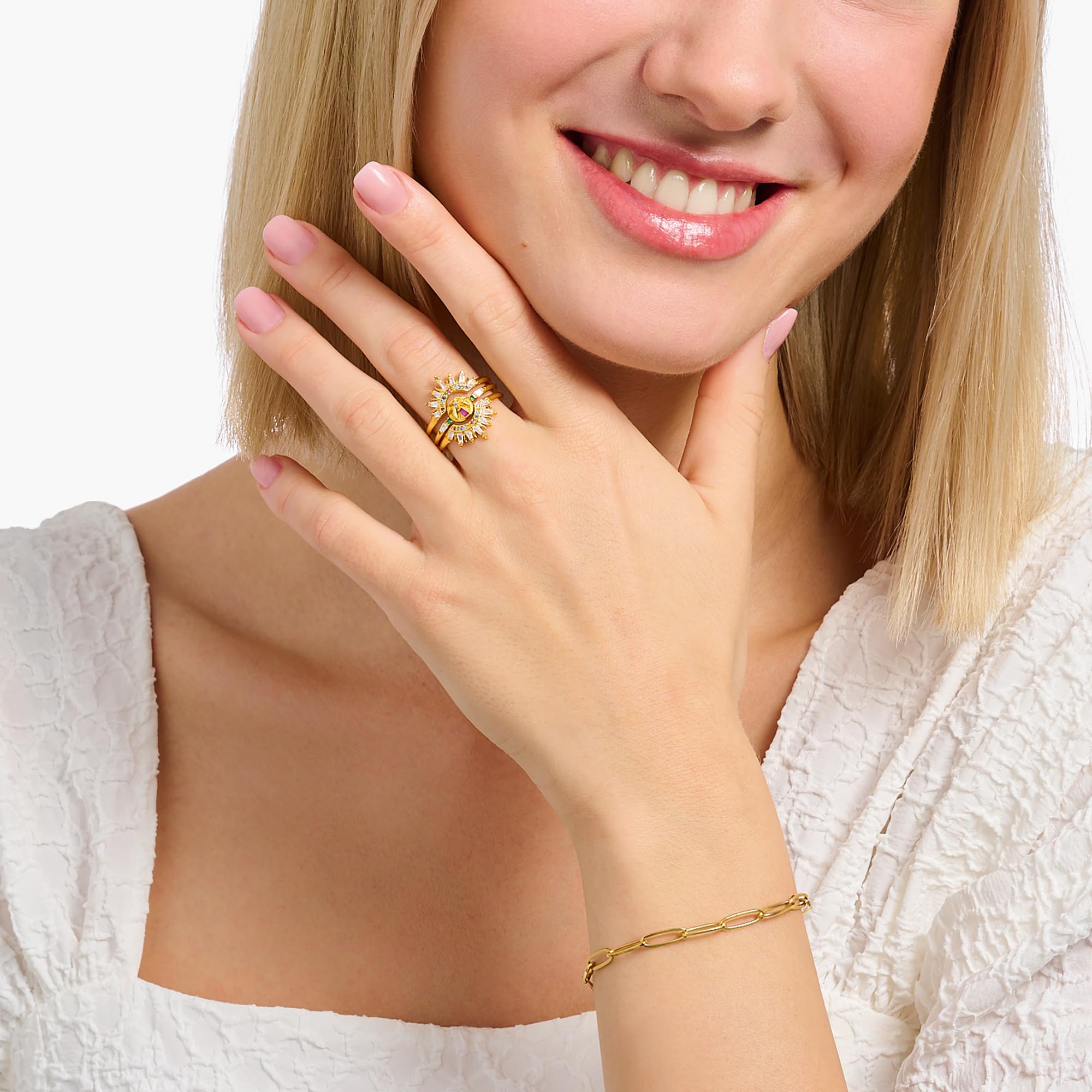 THOMAS SABO Ring mit Palme und bunten Steinen vergoldet 925 Sterlingsilber, 750 Gelbgold Vergoldung