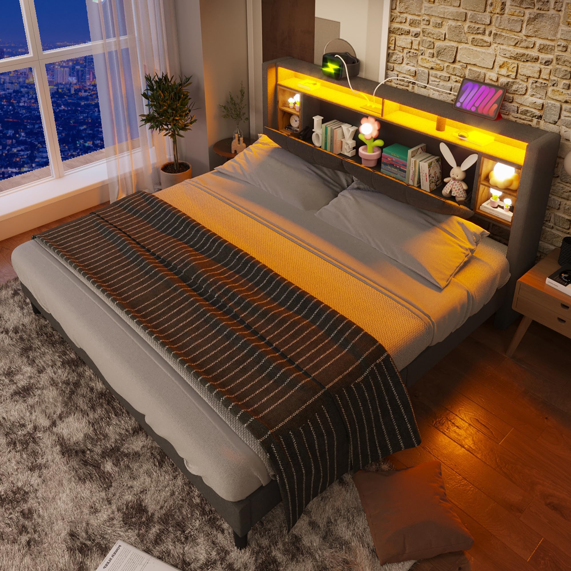 Cama tapizada de 160x200 cm con somier y cabecero de almacenamiento gris