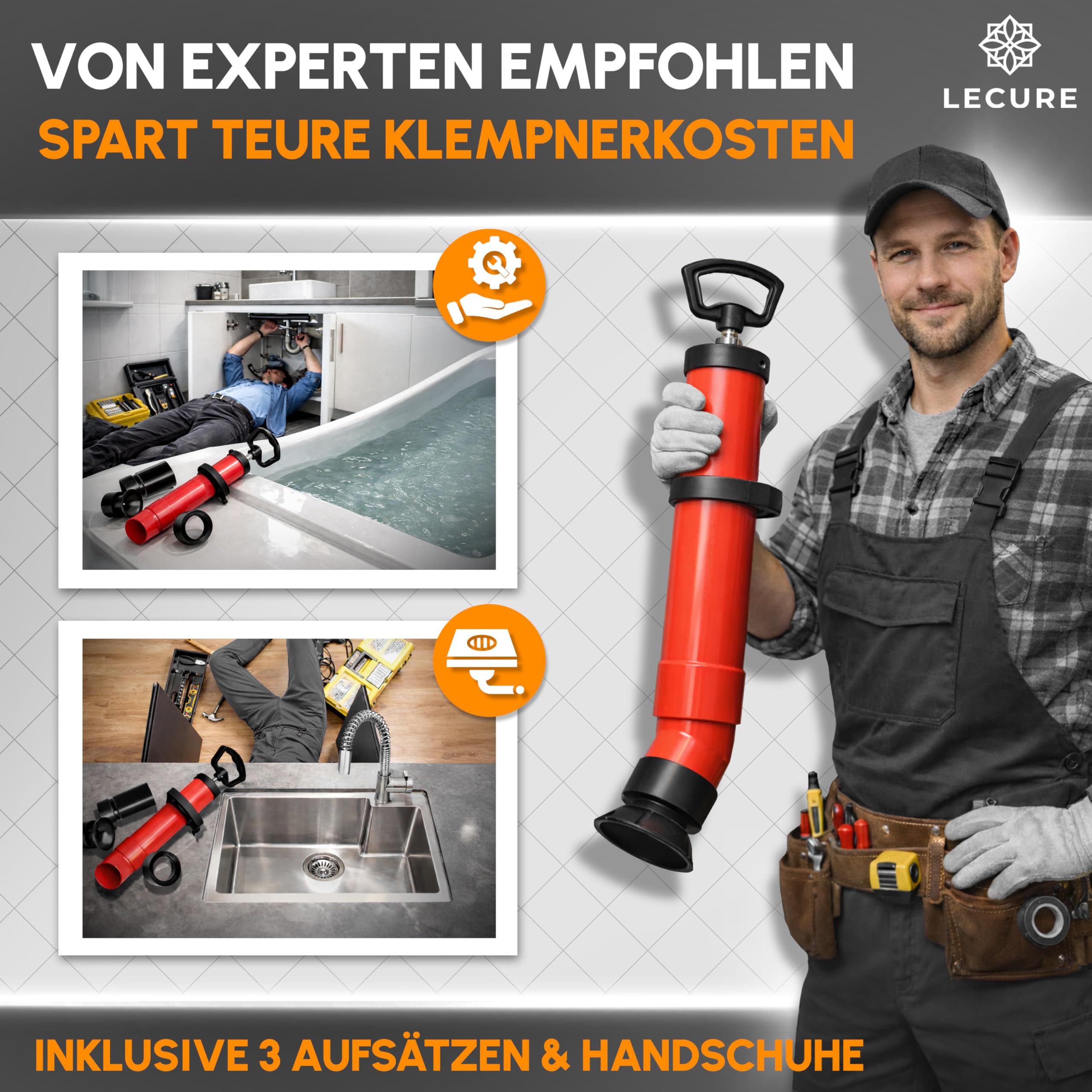 Rohrreinigungspumpe [Inkl. 3x Aufsätze] - Effektive Abflusspumpe für Rohrreinigung inkl. Handschuhen und 3 Abfluss-Adaptern für Dusche, Toilette, Spüle & Co.