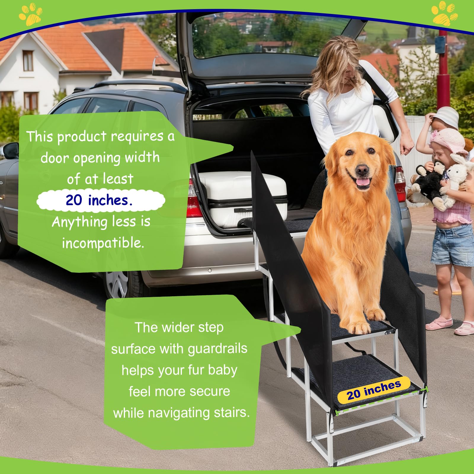 Escaleras para perros con barandilla para perros grandes, escalón extra ancho de 20 pulgadas, superficie antideslizante de 4 escalones de 34 pulgadas, soporta hasta 230 libras, diseñada para SUV de