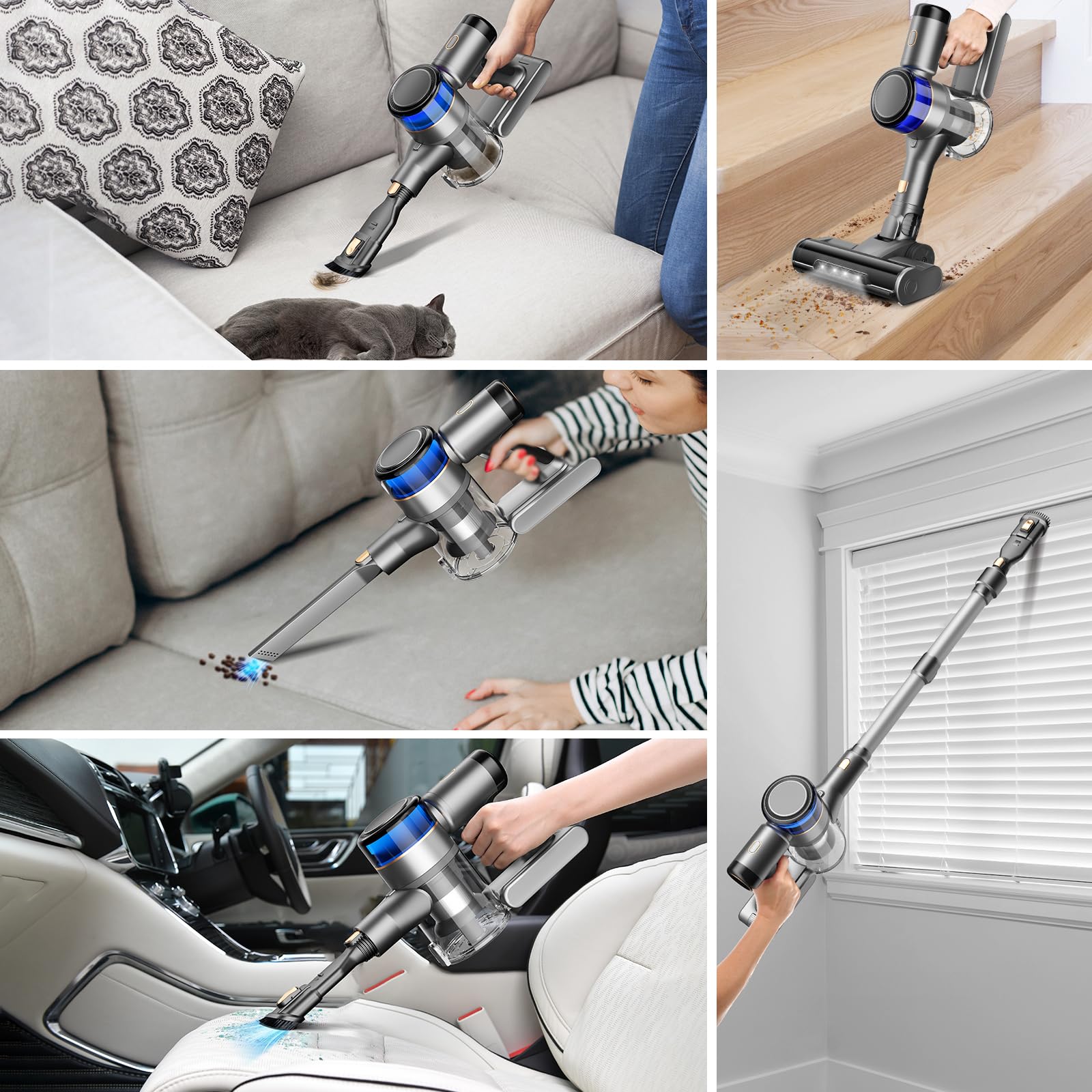 Aspirateur Balai sans Fil, 400W 45KPa Aspirateur sans Fil Puissant, 55Min Autonomie, Brosse Anti-emmêlement, Batterie Amovible, Aspirateur sans Sac avec LED Écran pour Tapis Poils d'animaux Sol Dur