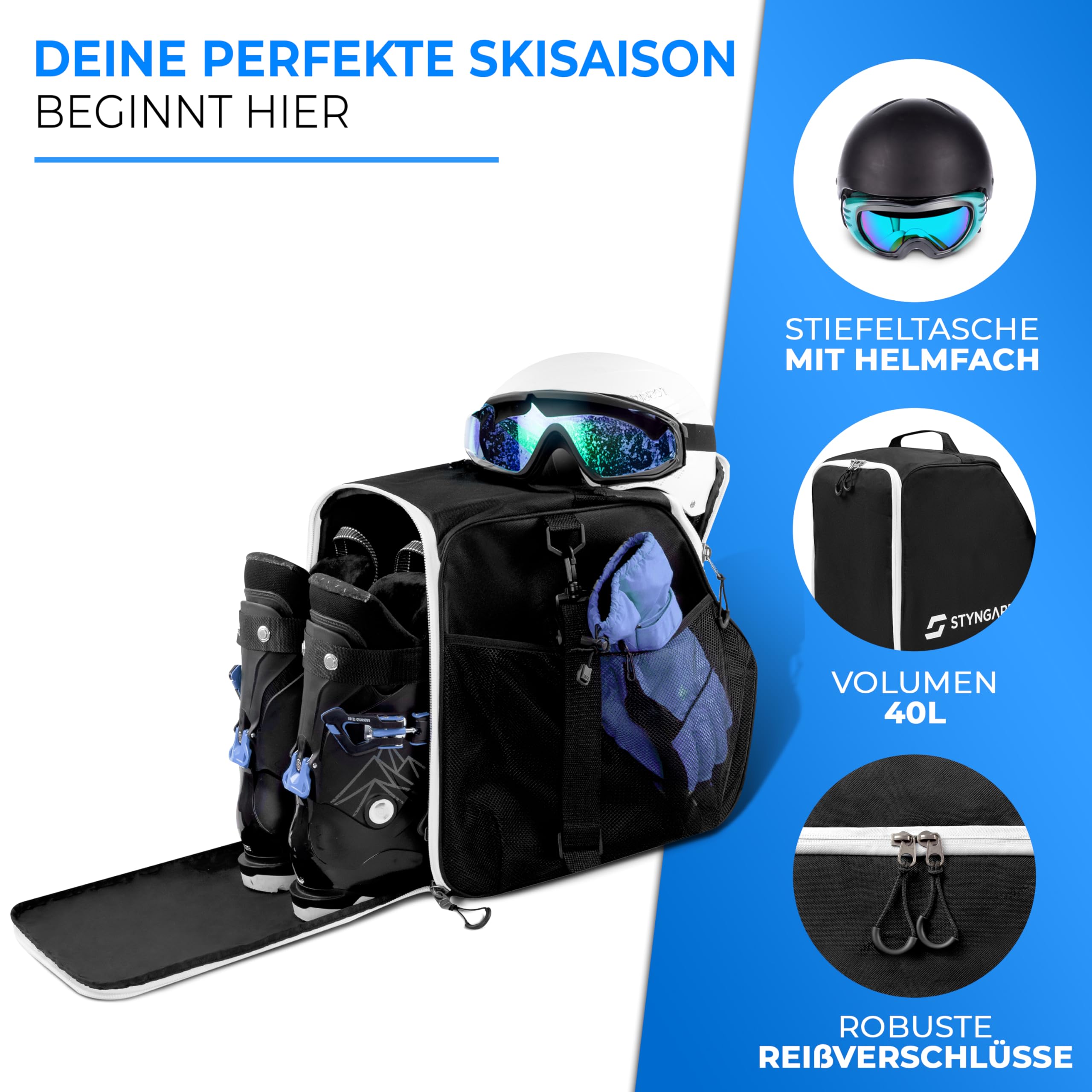 STYNGARD Skischuhtasche mit Helmfach und Stiefelfach [40 L] - Ski Stiefeltasche mit Umhängefunktion und Stauraum für Skizubehör - Tasche für Skischuhe Modell Zermatt