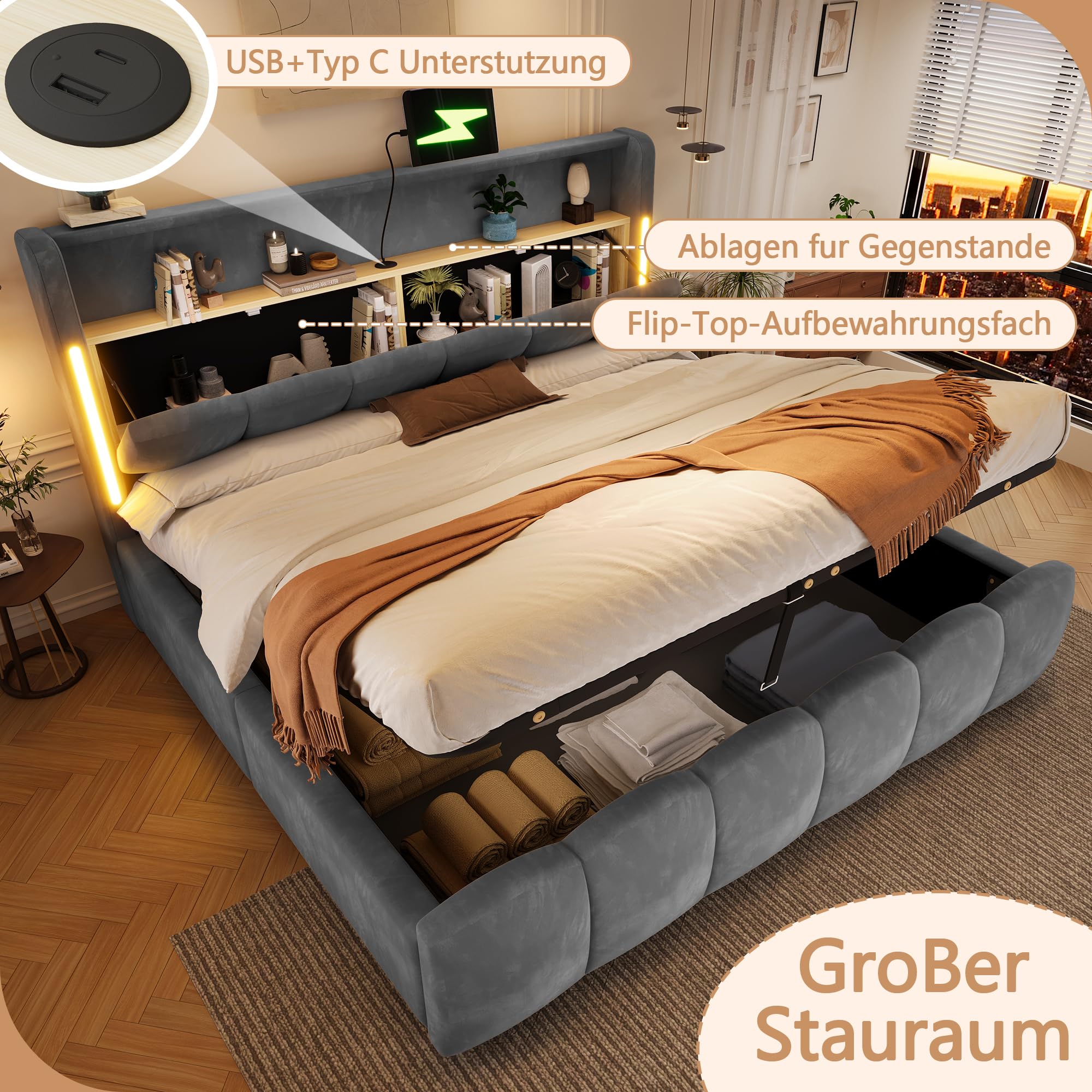 Doppelbett 180x200 mit Hydraulisch Stauraum, LED-Beleuchtung, Samt | Polsterbett, Samt Bettgestell mit USB- und Typ-C-Anschlüssen, Kopfteil mit Staufach, Bettrahmen mit Lattenrost(Ohne Matratze)